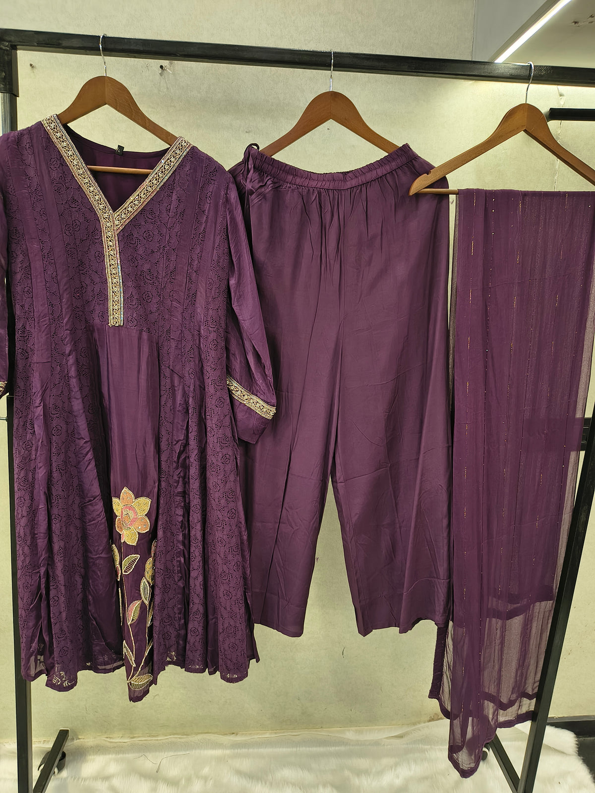 Royal Purple Designer Lace Panel Anarkali Kurta Set with Floral Embroidery & Sheer Dupatta | Premium 3 Piece Festive Ensemble