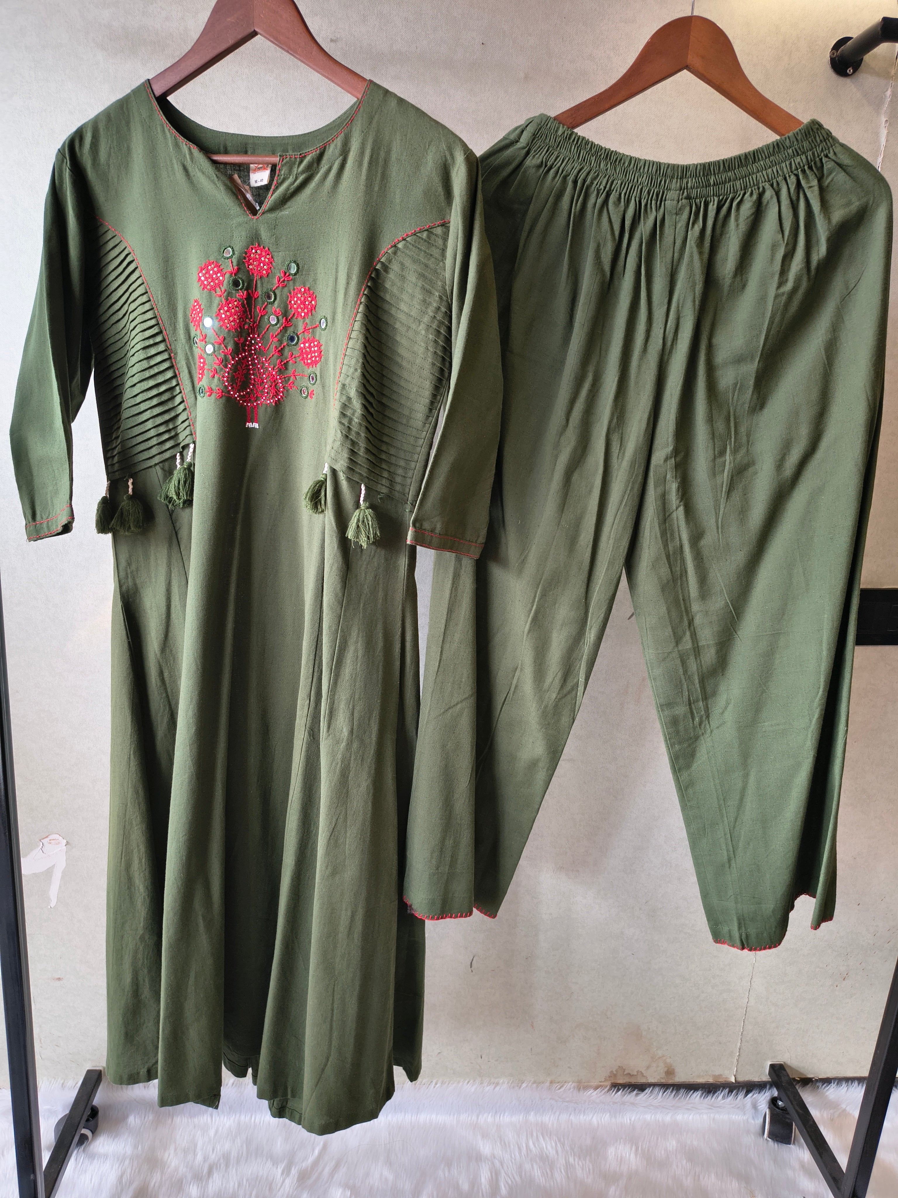 Image of Tadko Olive Green Embroidered Cotton Kurta & Pant Co-Ord Set