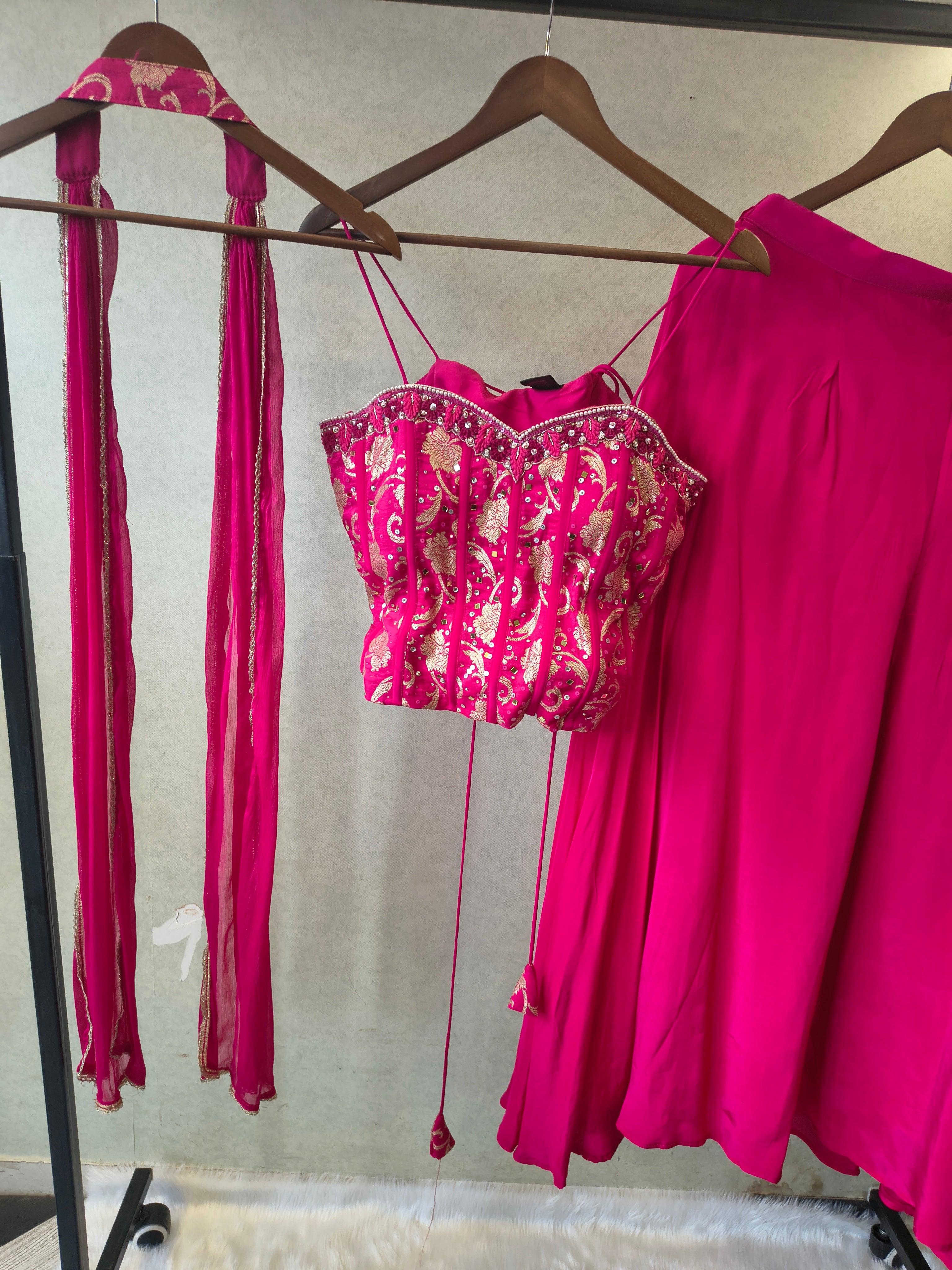 Image of Luxury Rani Pink Corset Blouse with Flared Palazzo & Embellished Choker Dupatta – 3 Piece Designer Indo-Western Set