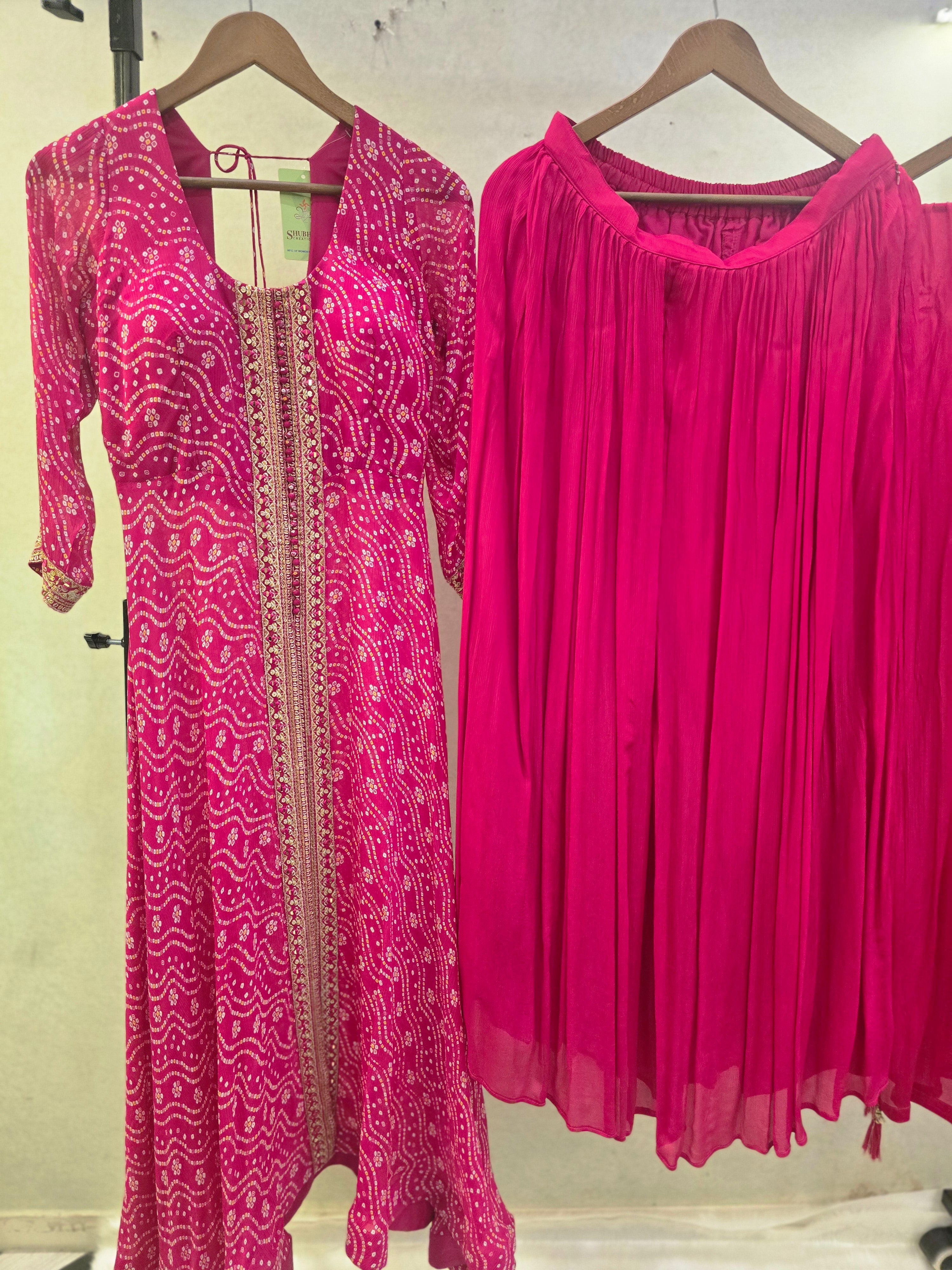 Image of Rani Pink Bandhani Print Anarkali Kurta Set with Flared Palazzo & Chiffon Dupatta | Premium 3 Piece Ethnic Suit