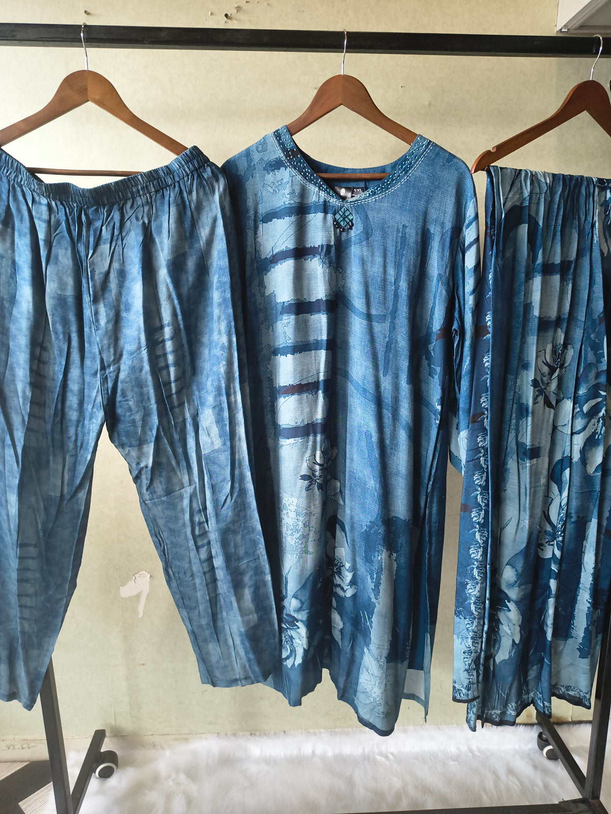 Premium Teal Blue Abstract Printed Kurta Set with Pants & Dupatta