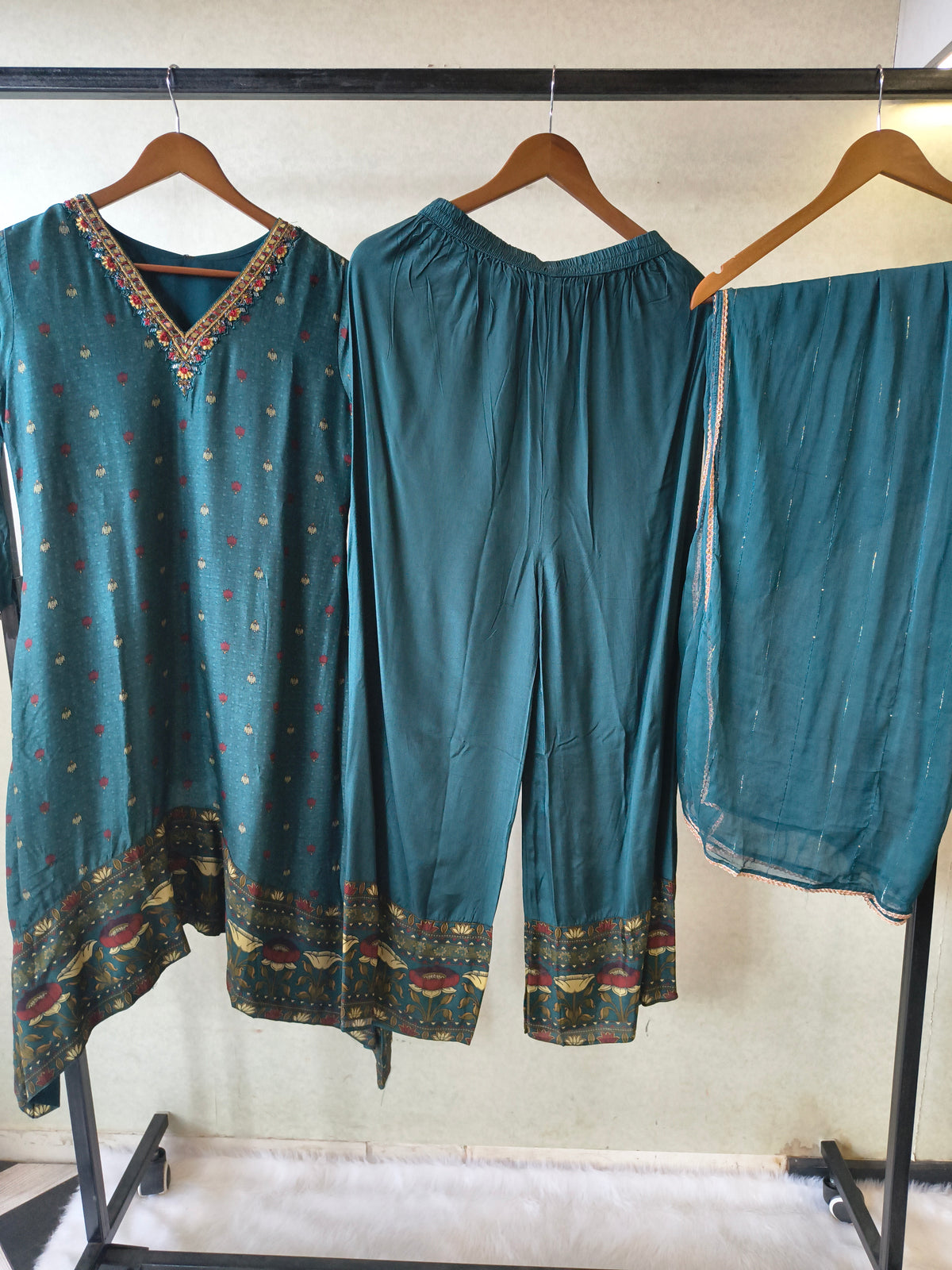 Premium Teal Printed Straight Kurta with Palazzo & Dupatta Set