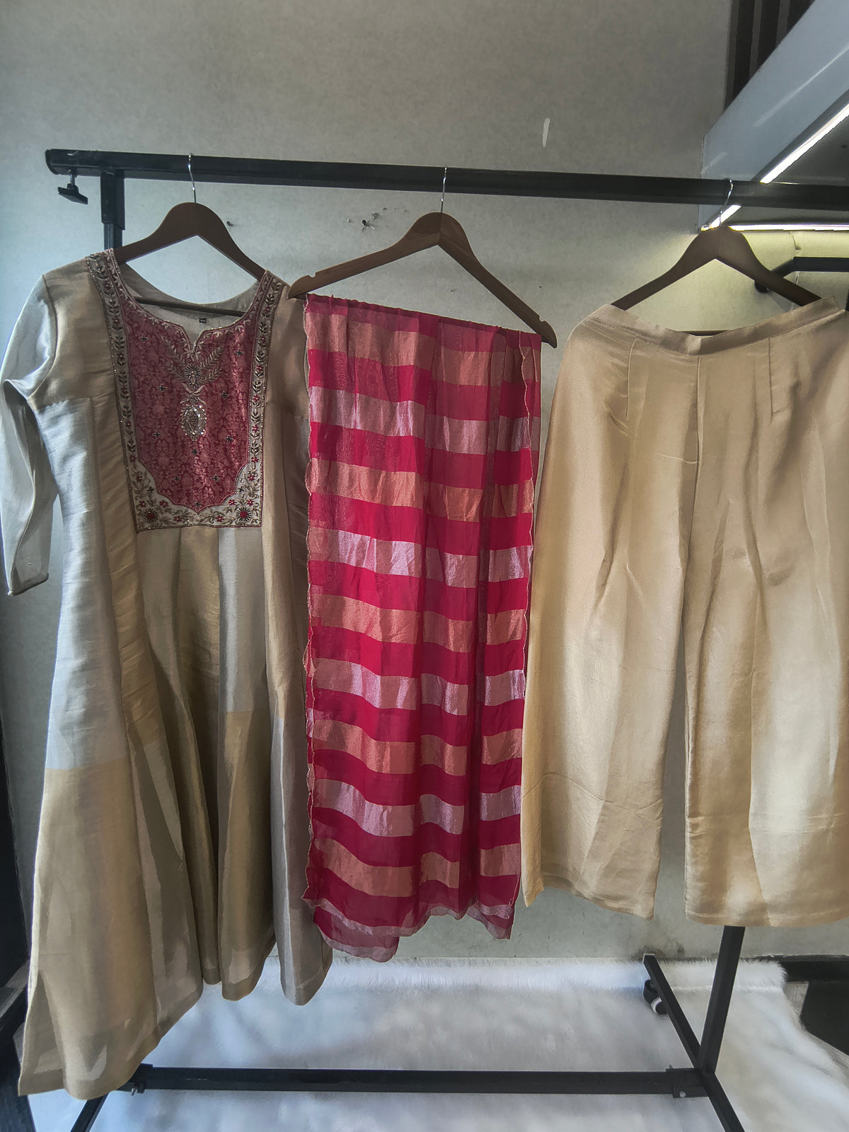 Ivory Embroidered Designer Kurta Set with Pink Striped Organza Dupatta | Premium 3 Piece Ethnic Suit