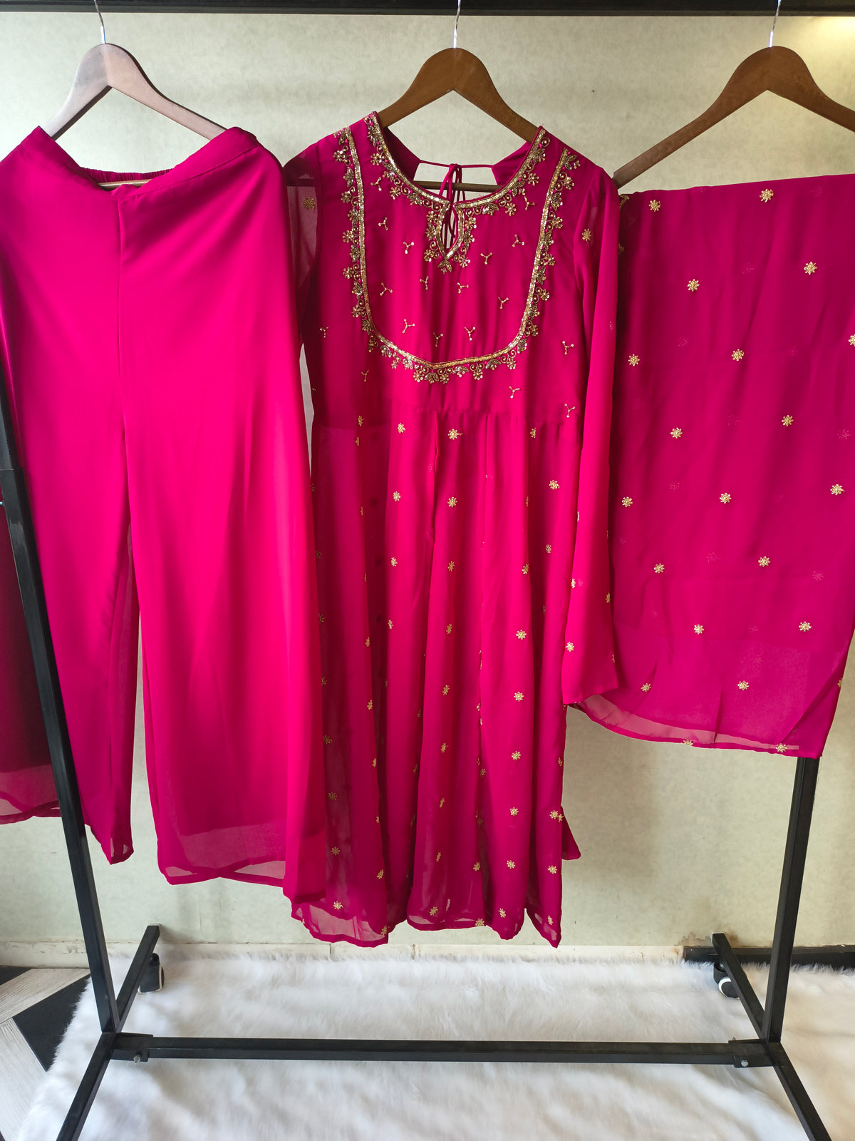 Premium Fuchsia Pink Embroidered Kurta with Sharara & Embellished Dupatta Set