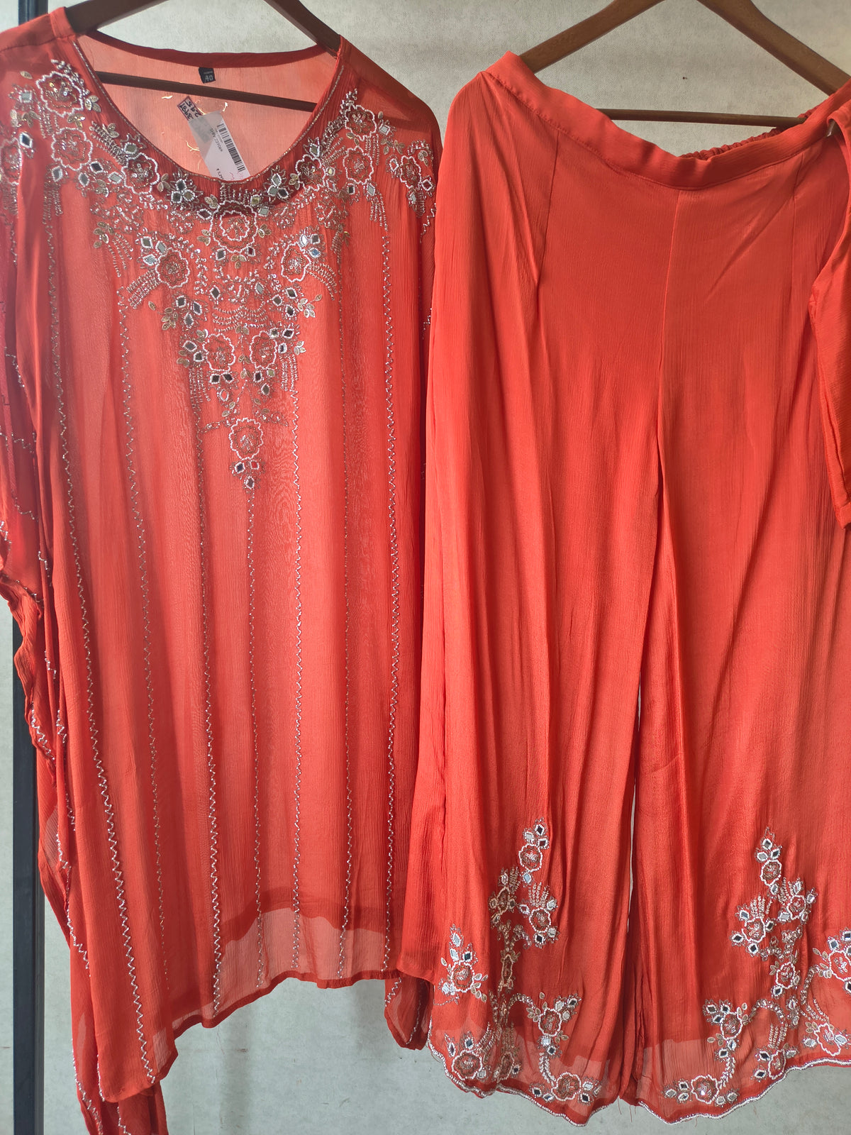 Rust Orange Embroidered Kaftan Co-Ord Set with Palazzo & Blouse – Designer 3 Piece Indo-Western Fusion Wear