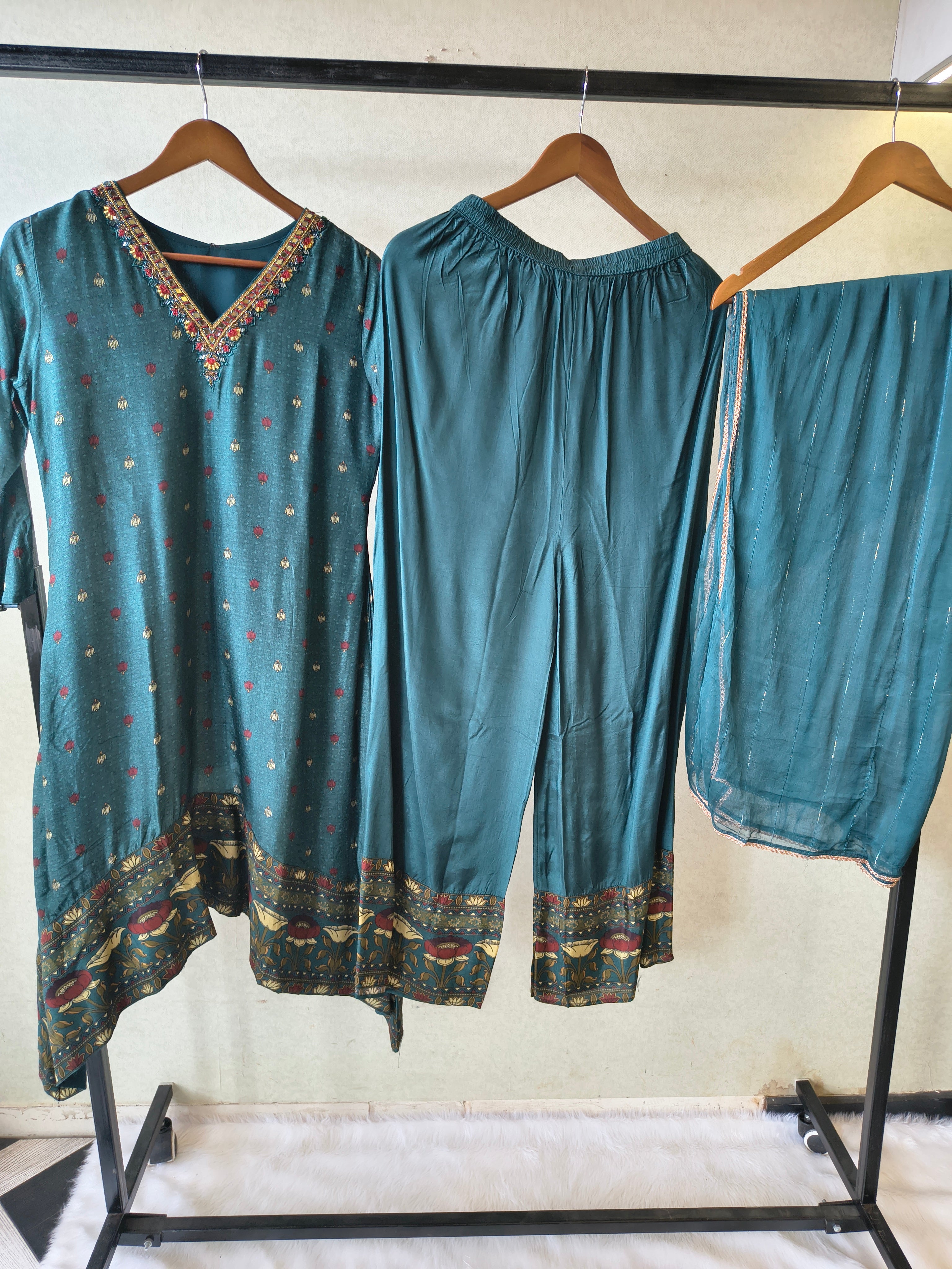 Image of Premium Teal Printed Straight Kurta with Palazzo & Dupatta Set