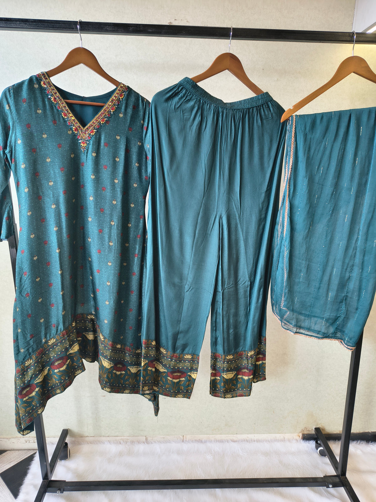 Premium Teal Printed Straight Kurta with Palazzo & Dupatta Set