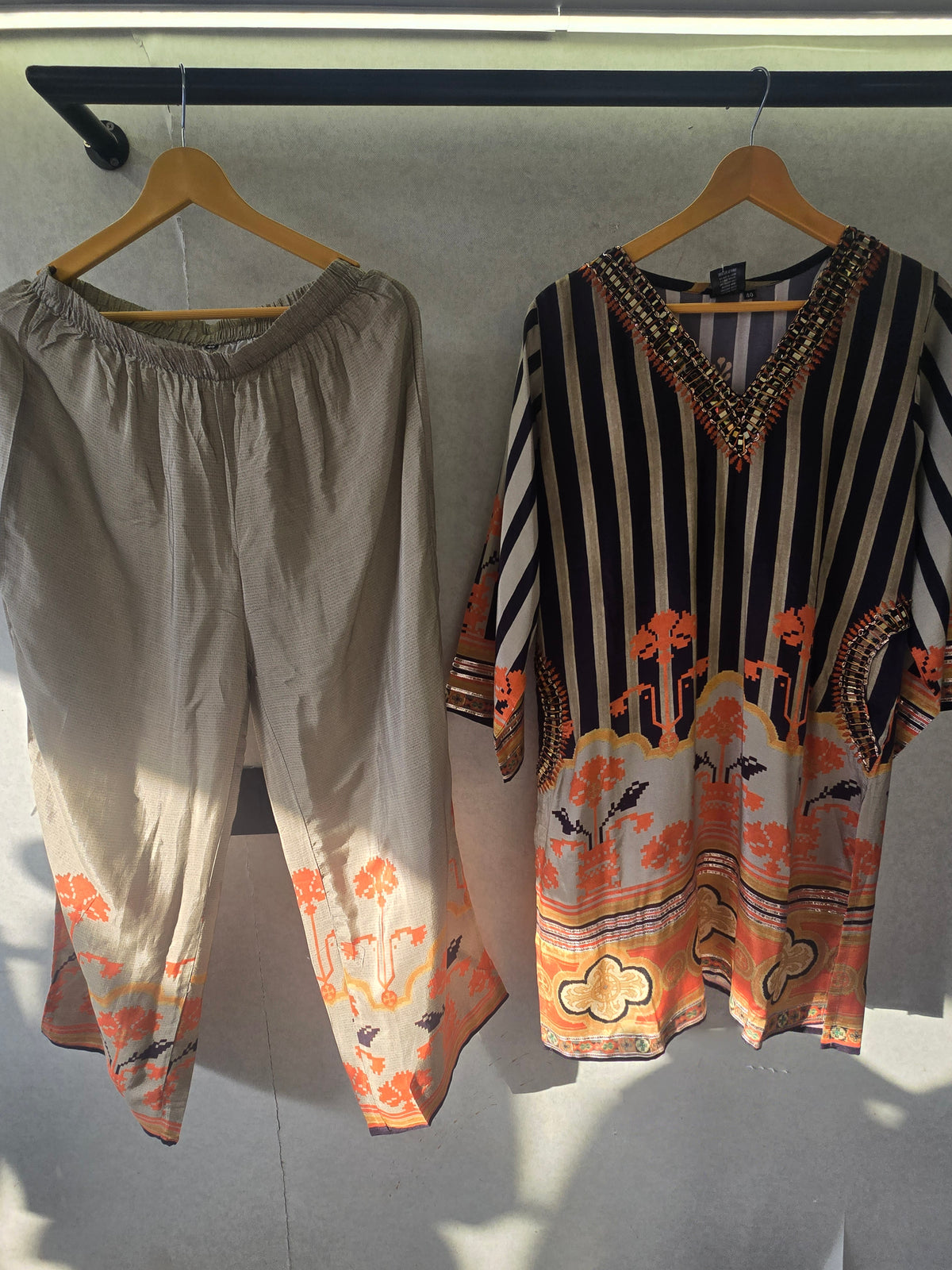 Navy Stripe Mirror Work Kaftan Co-Ord Set