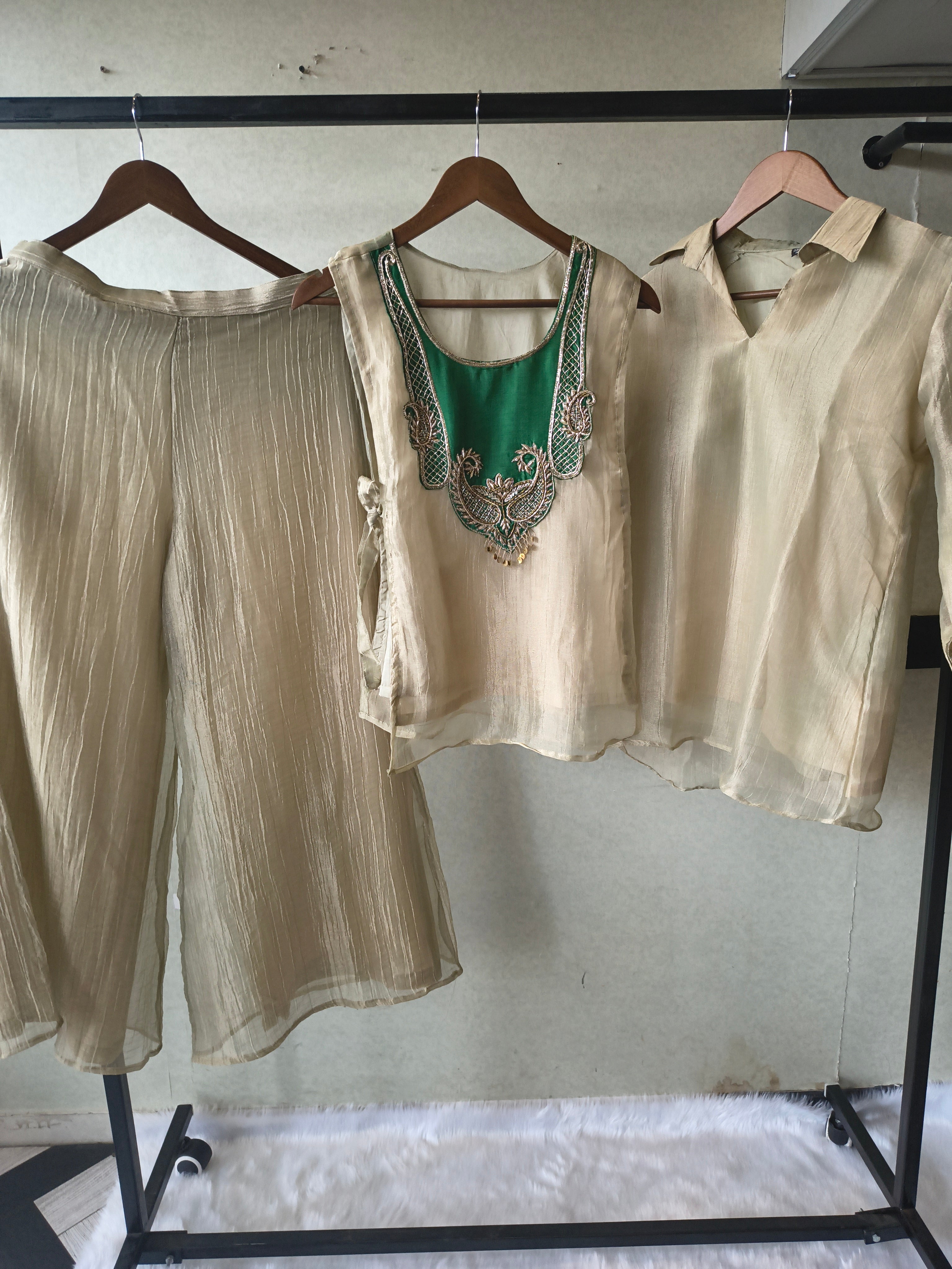 Image of Premium Champagne Gold Tissue Silk 3-Piece Co-Ord Set with Emerald Hand Embellished Jacket, Inner & Palazzo