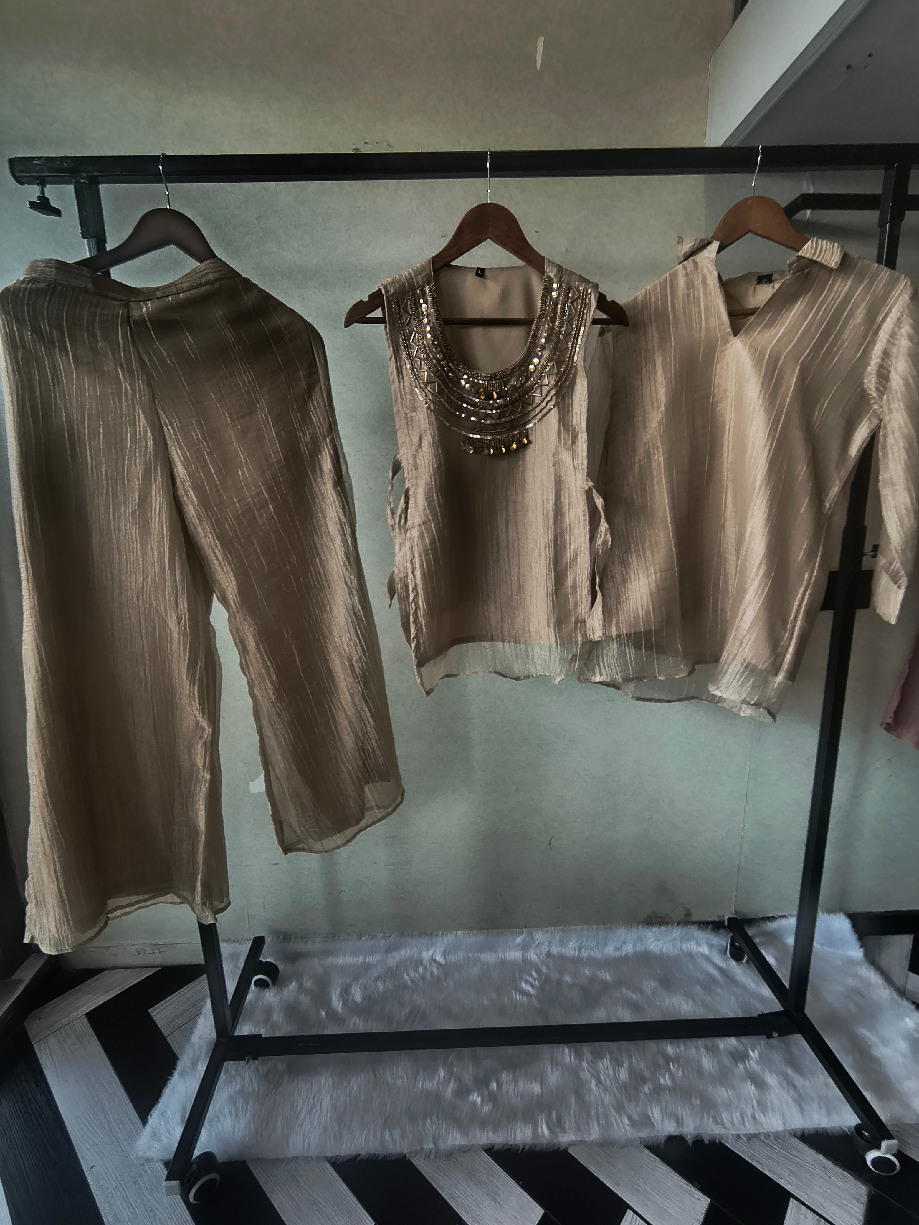 Image of Premium Champagne Tissue Silk 3-Piece Co-Ord Set with Statement Hand Embellished Jacket, Inner & Palazzo