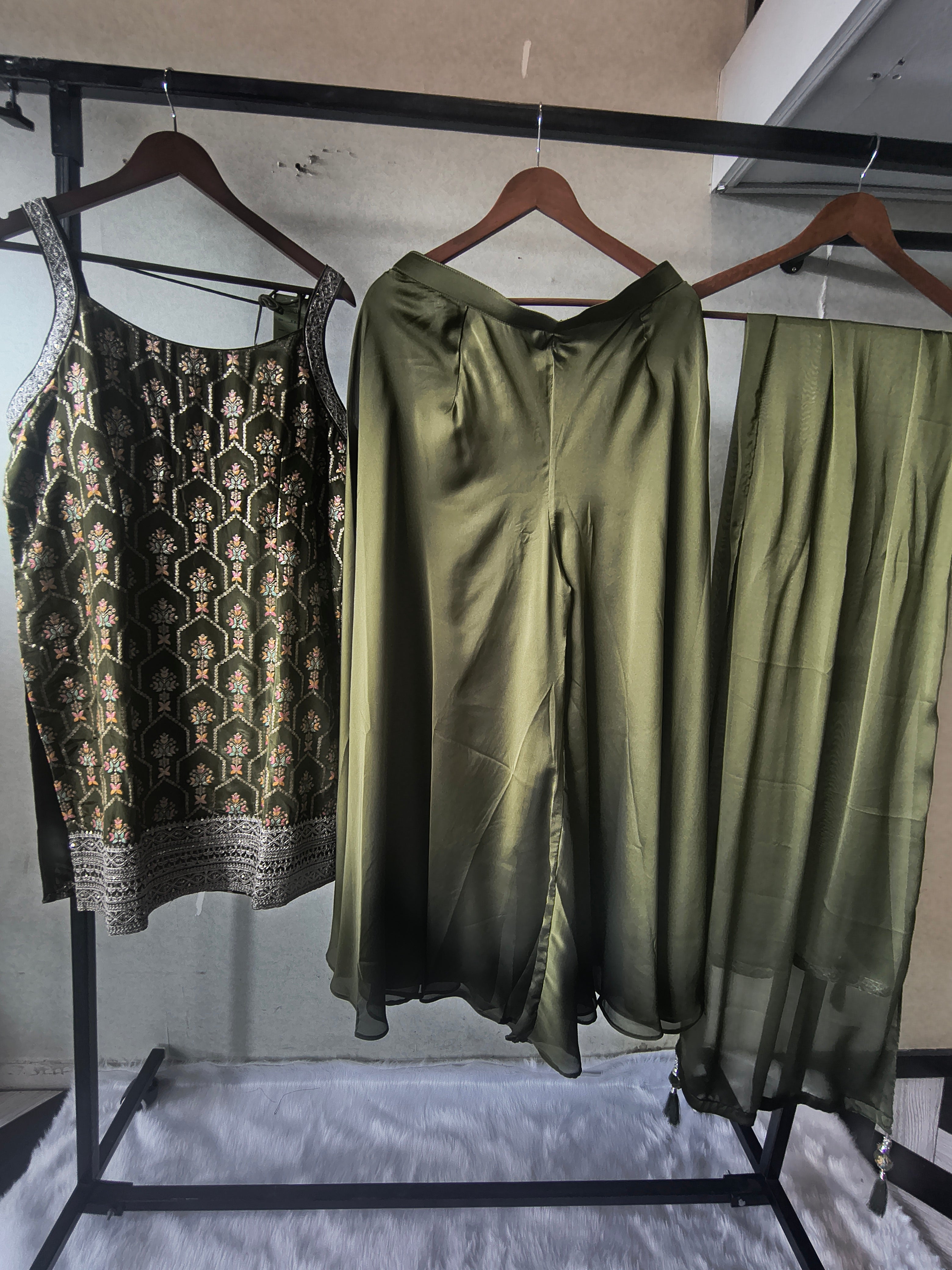 Image of Olive Green Printed Sharara Set with Embroidered Border & Dupatta – Premium 3 Piece Festive Ensemble