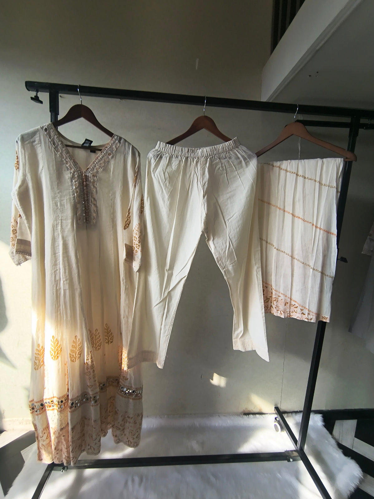 Premium Ivory Embroidered Anarkali Kurta Set with Mirror Work & Cotton Dupatta