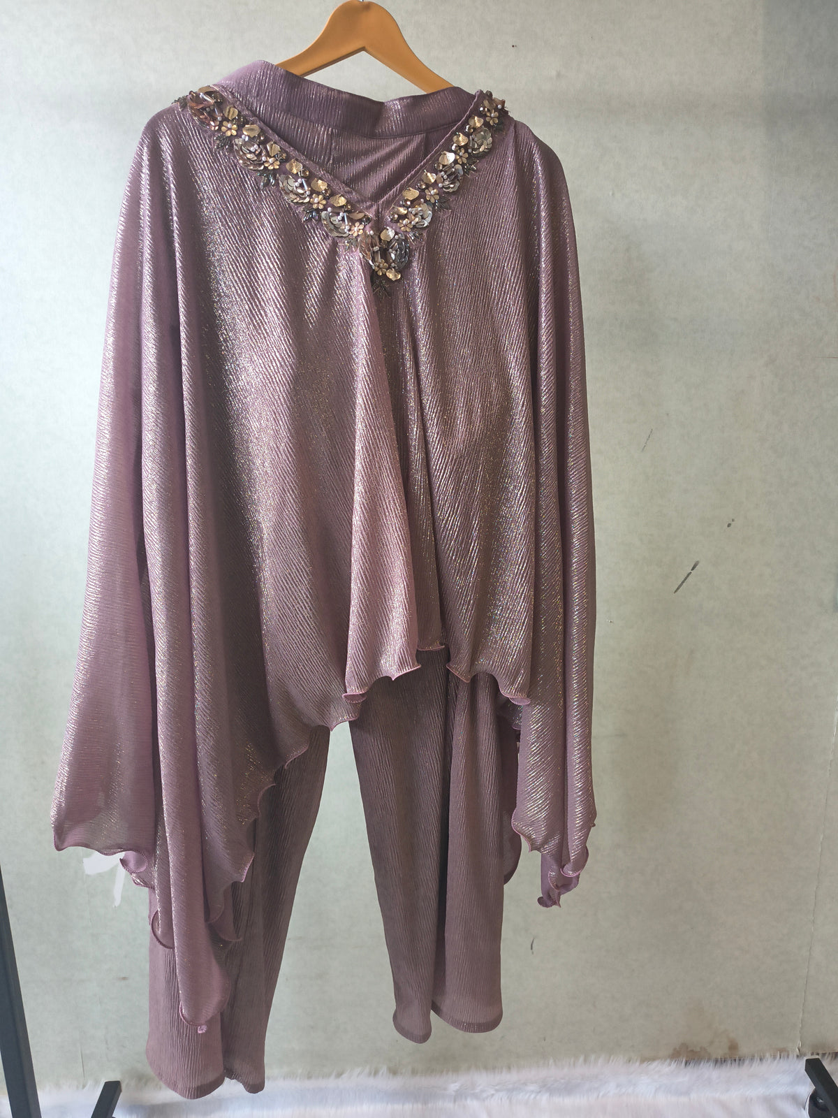 Premium Rose Gold Shimmer Kaftan Co-Ord Set with Hand Embellished Cape & Straight Pants