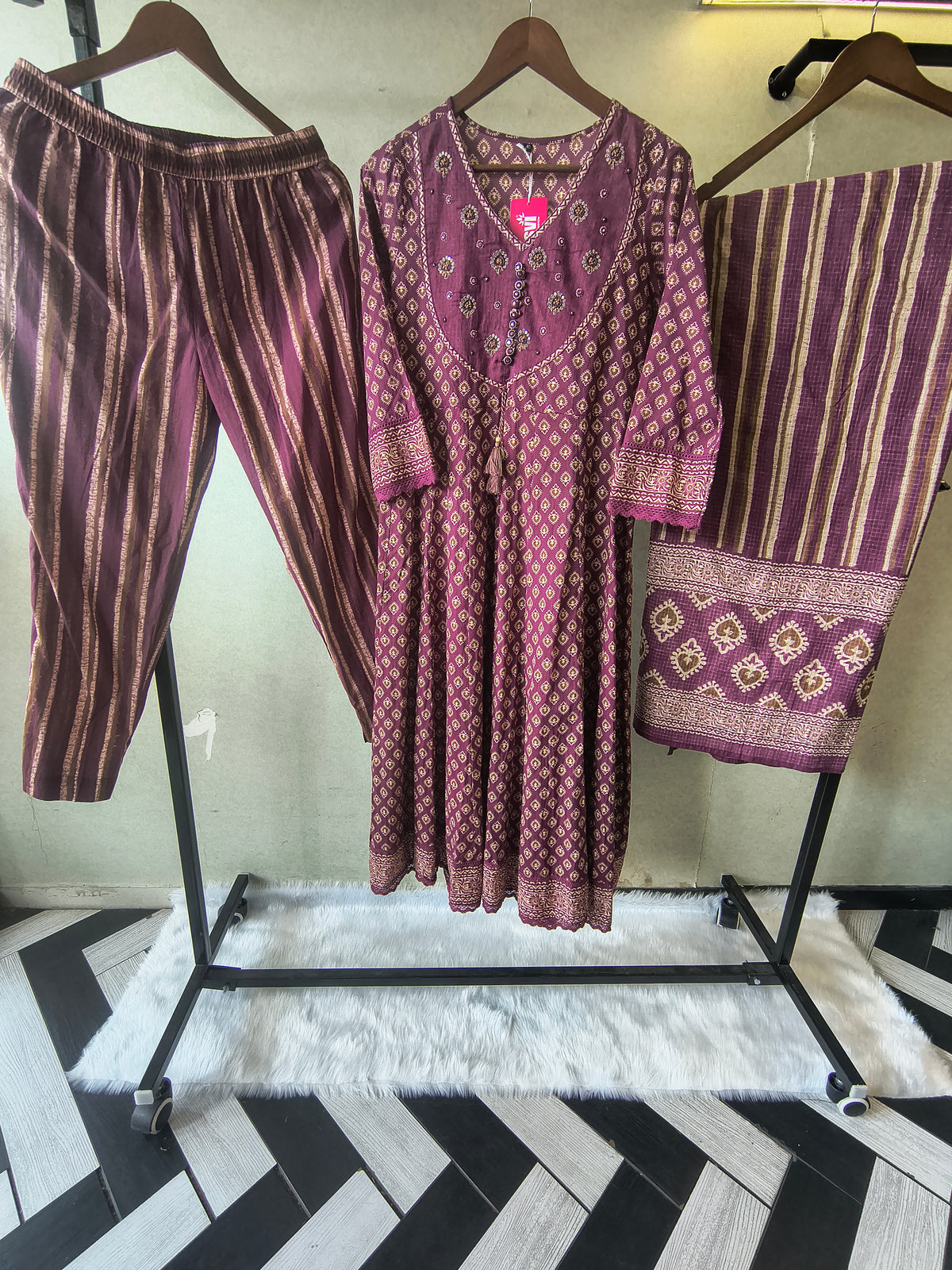 Plum Printed Cotton Anarkali Suit Set with Striped Pants & Dupatta