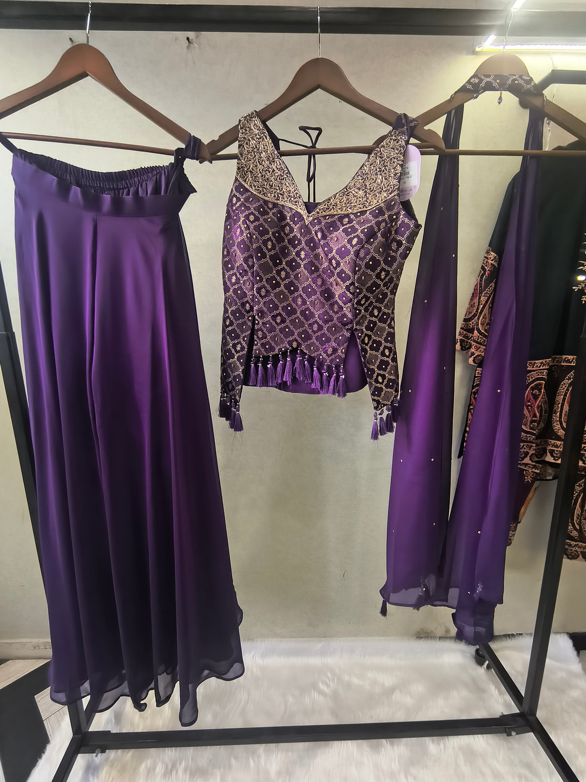 Royal Purple Brocade Blouse with Flared Palazzo & Embellished Choker Dupatta – 3 Piece Designer Indo-Western Set