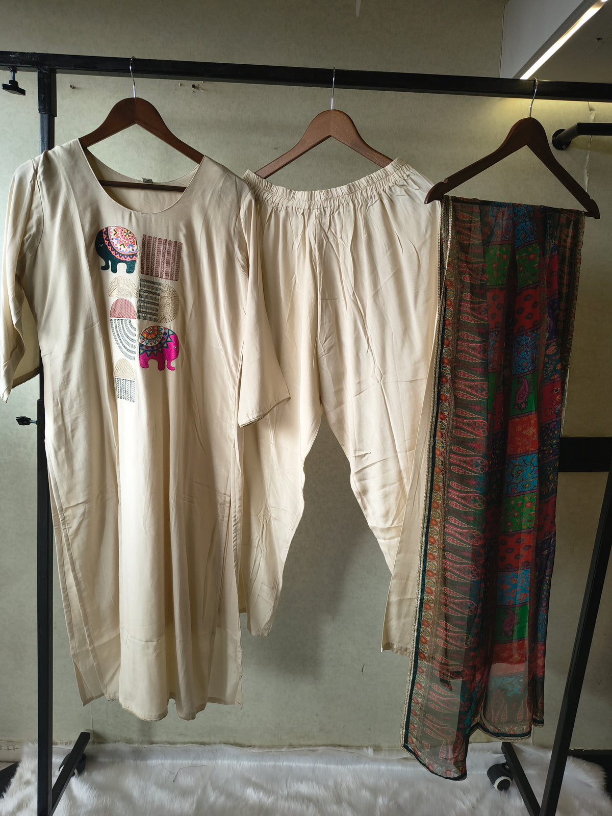 Ivory Cotton Kurta Set with Elephant Motif & Printed Dupatta – Premium 3 Piece Ethnic Ensemble