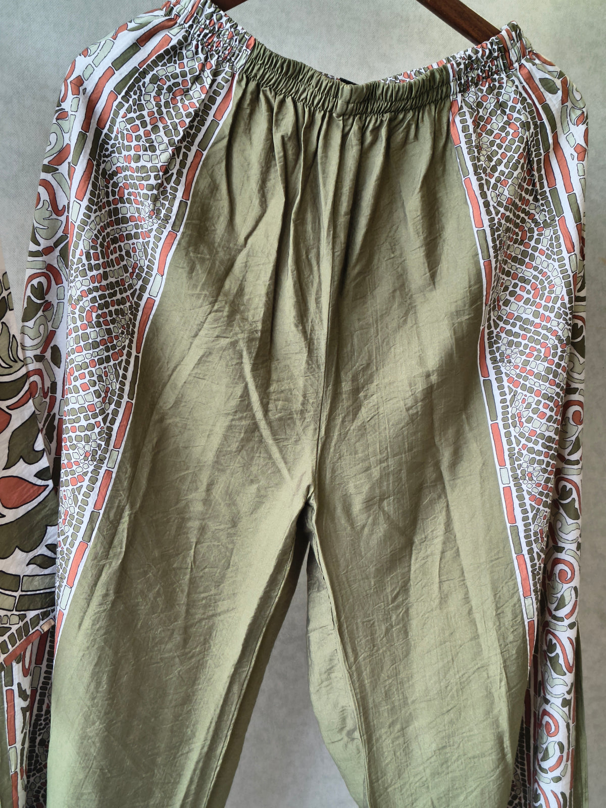Premium Ivory Printed Cotton Kurta with Olive Pants & Printed Dupatta Set