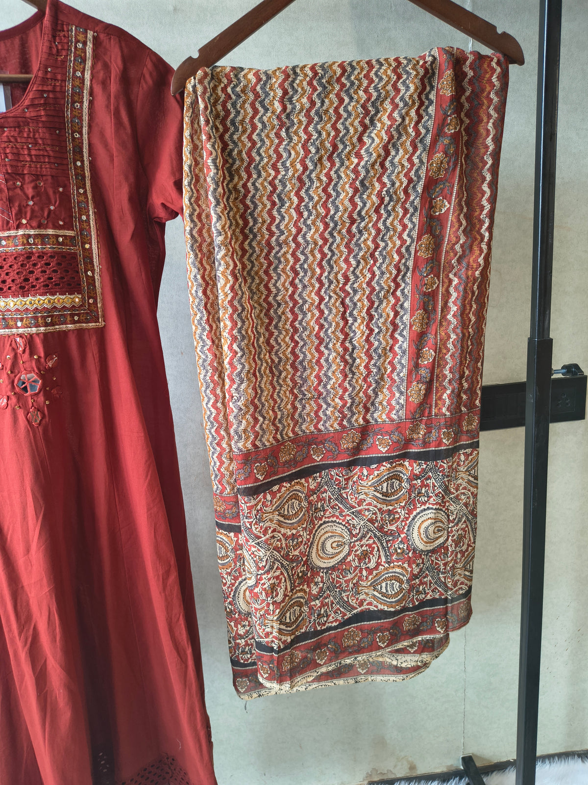 Rust Red Embroidered Three-Piece Kurta Set with Printed Pant & Designer Dupatta