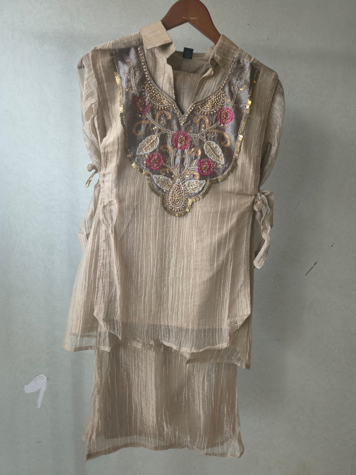 Premium Champagne Tissue Silk Embroidered Kurta with Hand Embellished Statement Yoke