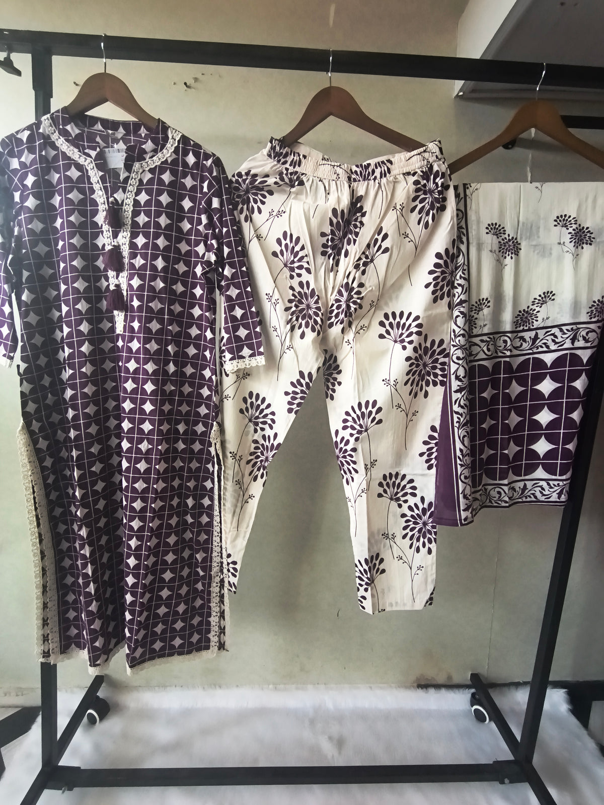 Premium Plum Geometric Printed Cotton Kurta Set with Floral Printed Pants & Dupatta