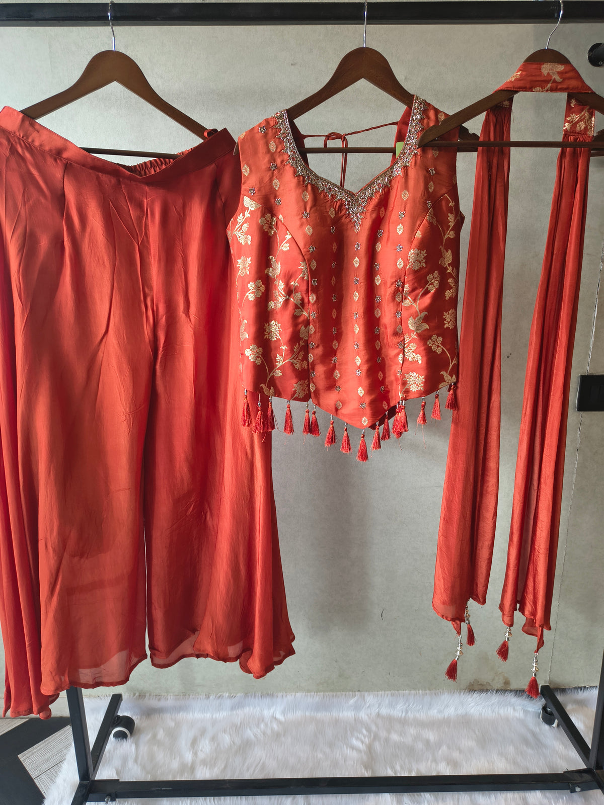 Premium Rust Orange 3-Piece Designer Lehenga Set with Zari Embroidered Peplum Blouse & Tassel Dupatta