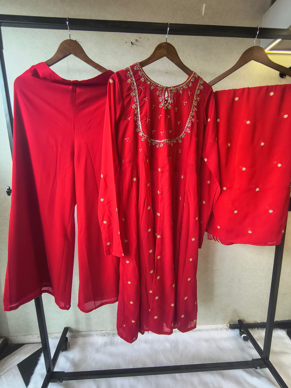 Premium Ruby Red Embroidered Kurta with Sharara & Embellished Dupatta Set