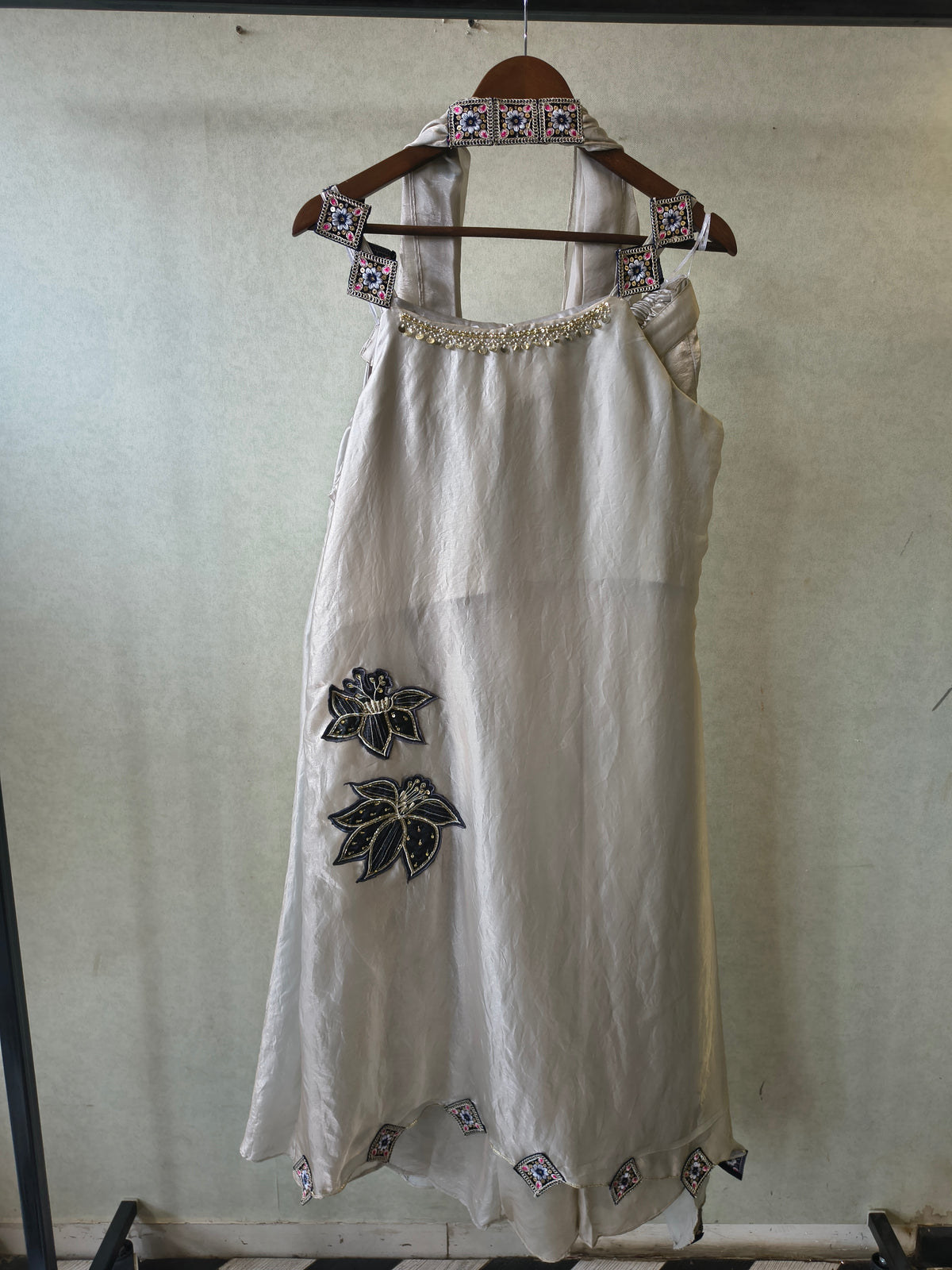 Ivory Designer A-Line Dress with Handcrafted Floral Appliqué & Embellished Scarf