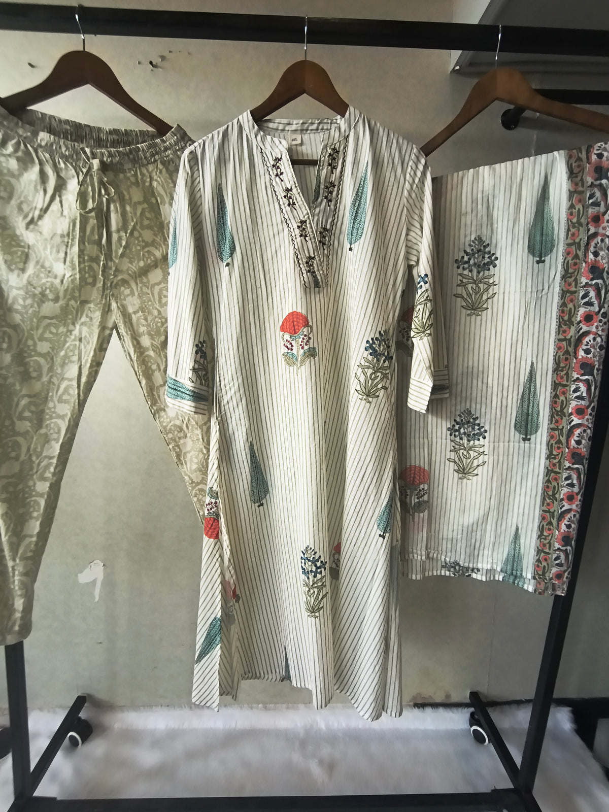 Premium Ivory Handblock Printed Cotton Straight Kurta Set with Printed Pants & Dupatta