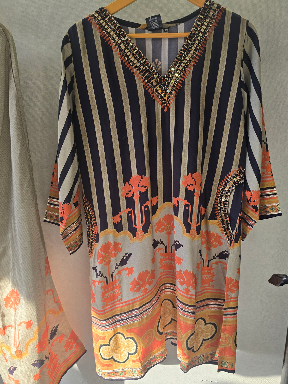 Navy Stripe Mirror Work Kaftan Co-Ord Set