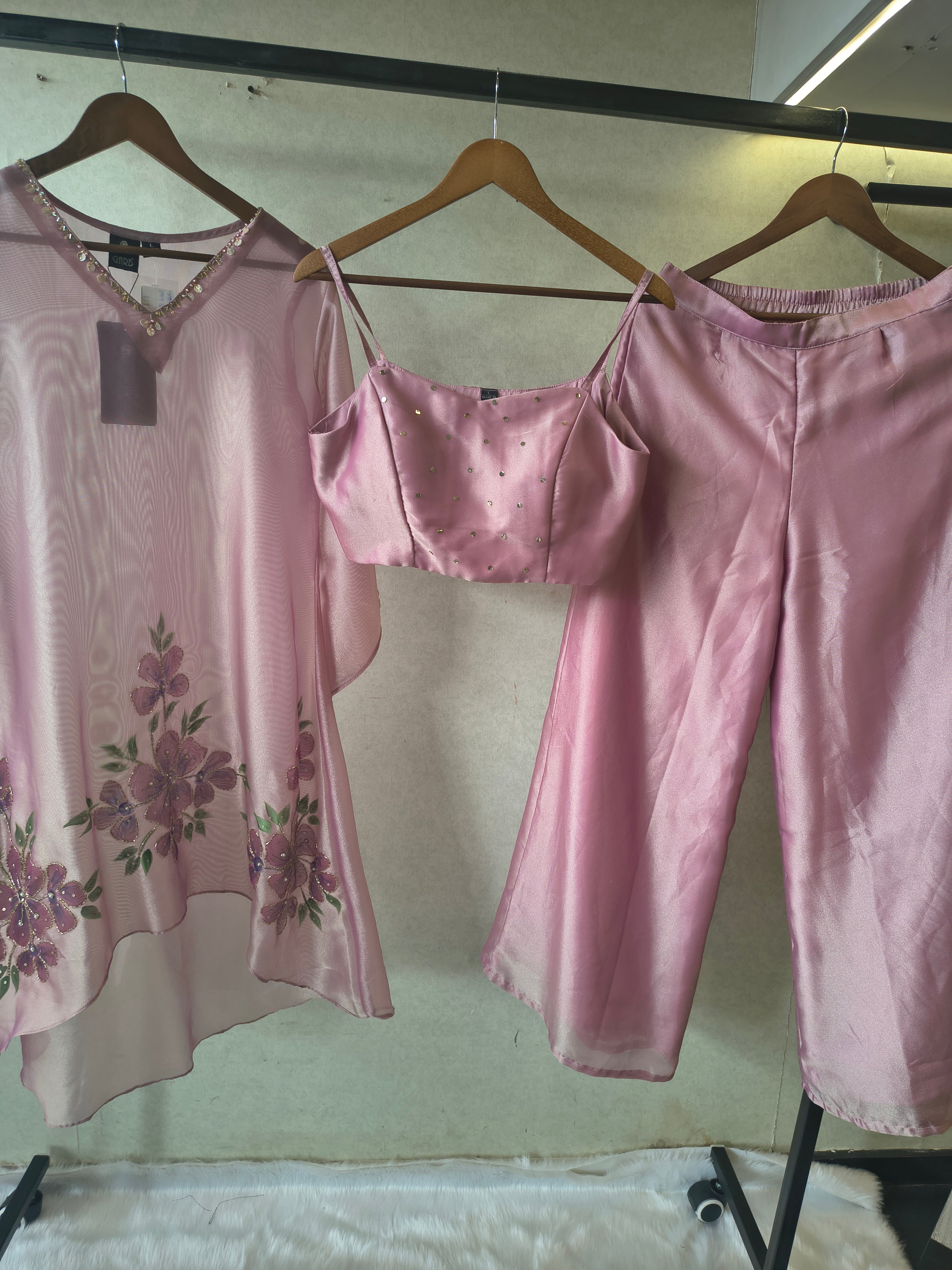 Image of Blush Pink Floral Embroidered Kaftan Co-ord Set with Hand-Painted Cape, Embellished Blouse & Palazzo
