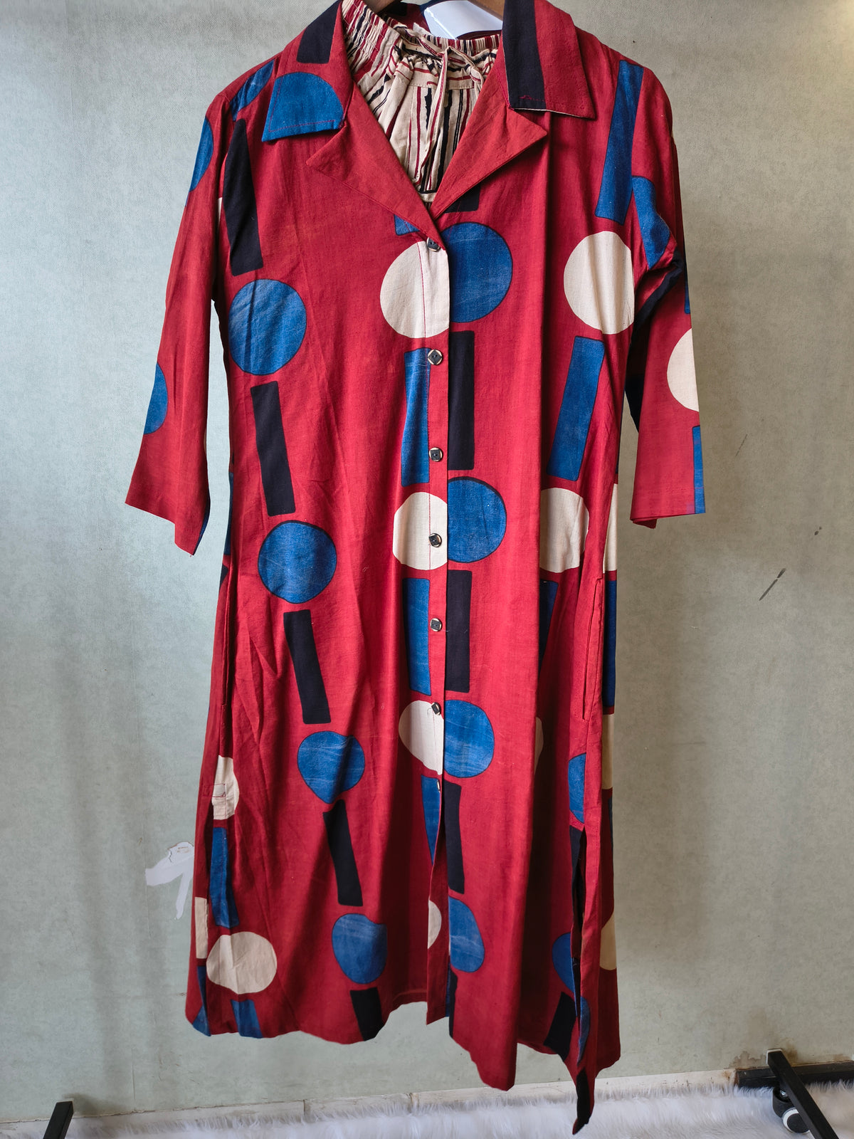 Premium Rust Red Abstract Printed Shirt Kurta with Striped Relaxed Pants Co-Ord Set