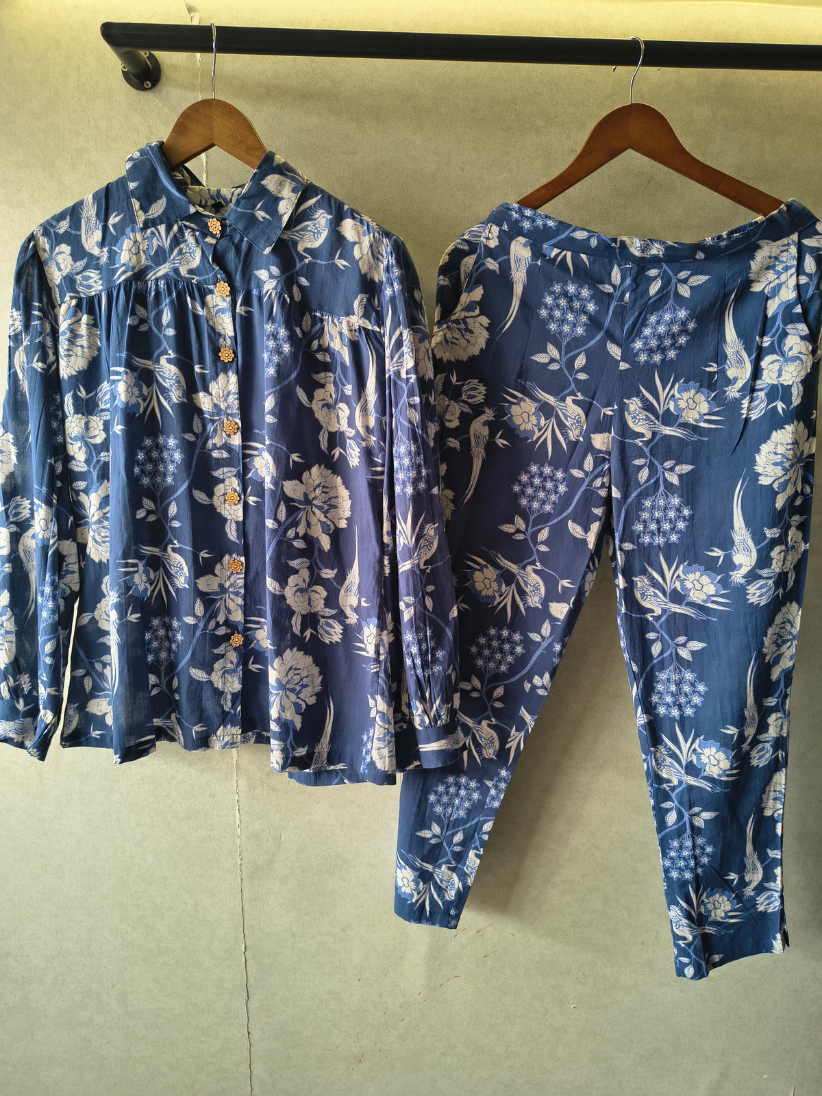 Premium Blue Floral Bird Print Shirt Co-Ord Set