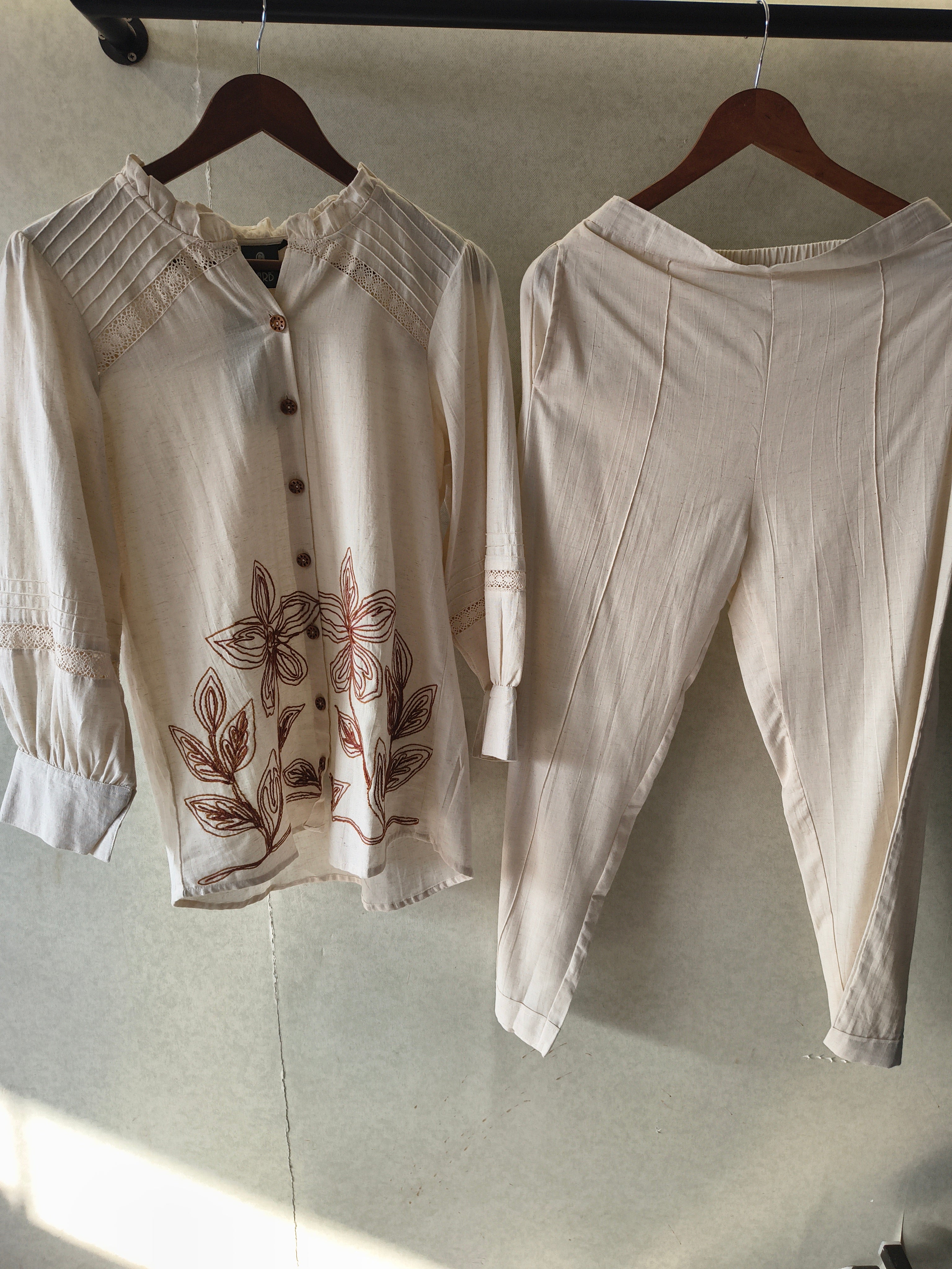 Image of Ivory Botanical Embroidered Pintuck Designer Co-Ord Set