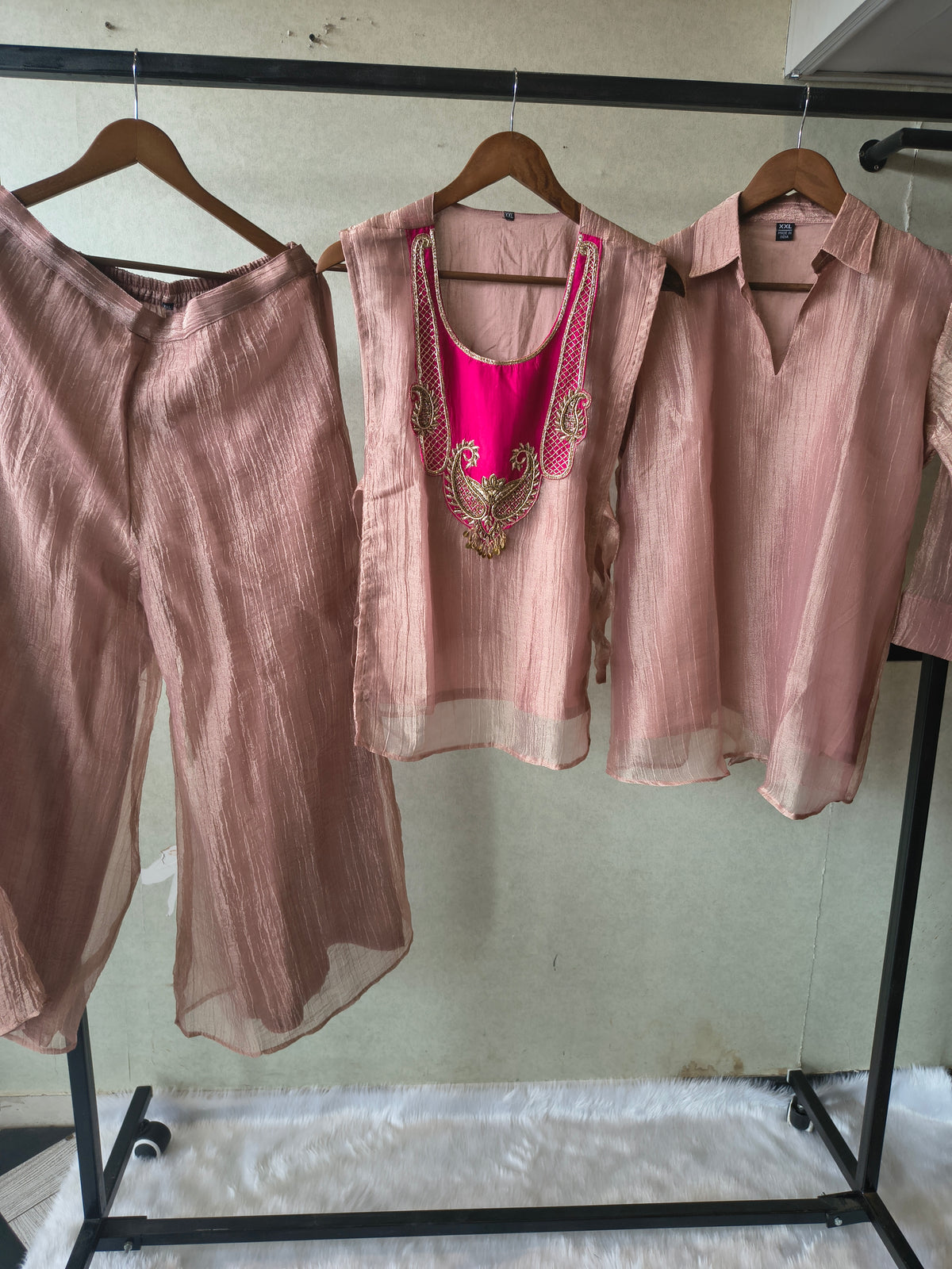 Premium Rose Gold Tissue Silk 3-Piece Co-Ord Set with Hand Embellished Jacket, Inner & Palazzo