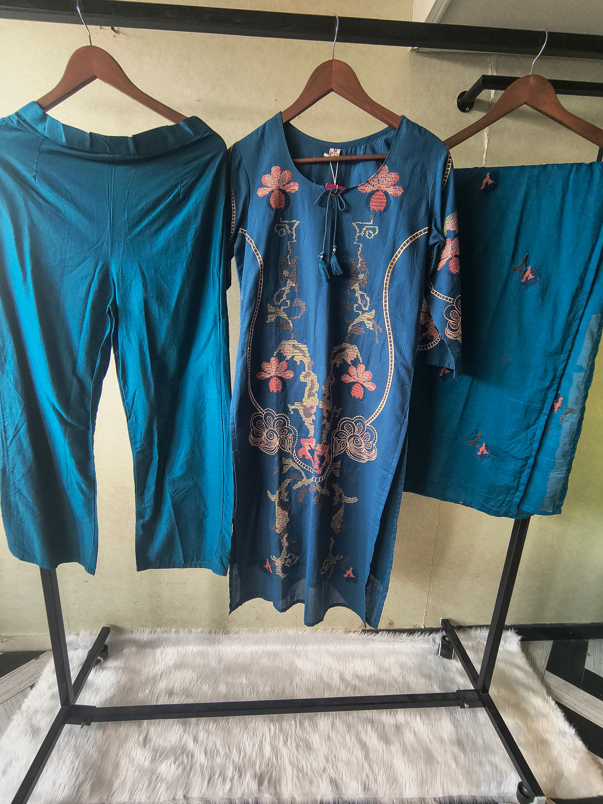Teal Blue Cotton 3-Piece Suit Set with Floral Vine Embroidery & Embroidered Dupatta