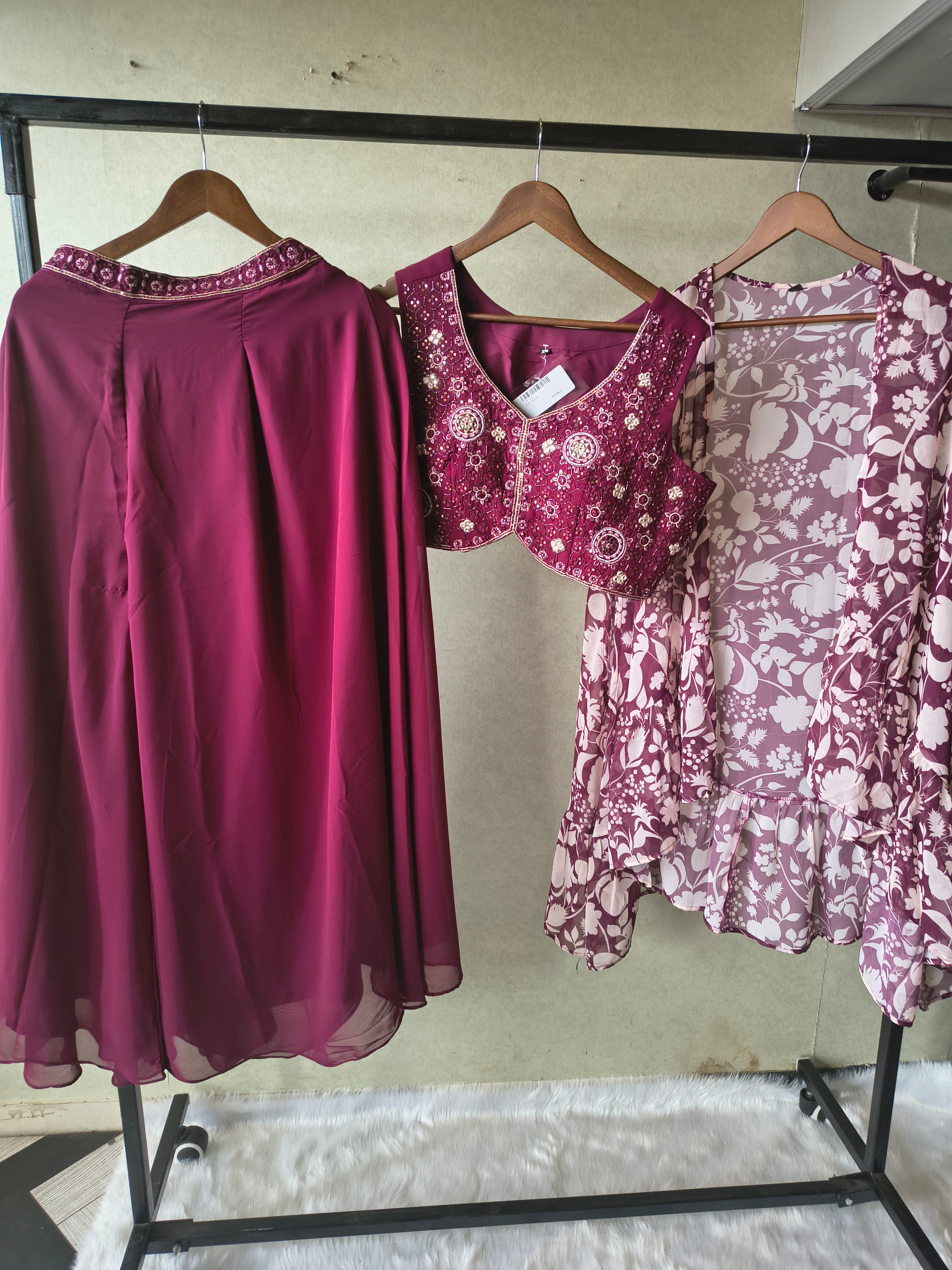 Image of Luxury Wine Embroidered Blouse with Printed Peplum Jacket & Flared Palazzo – 3 Piece Designer Indo-Western Set