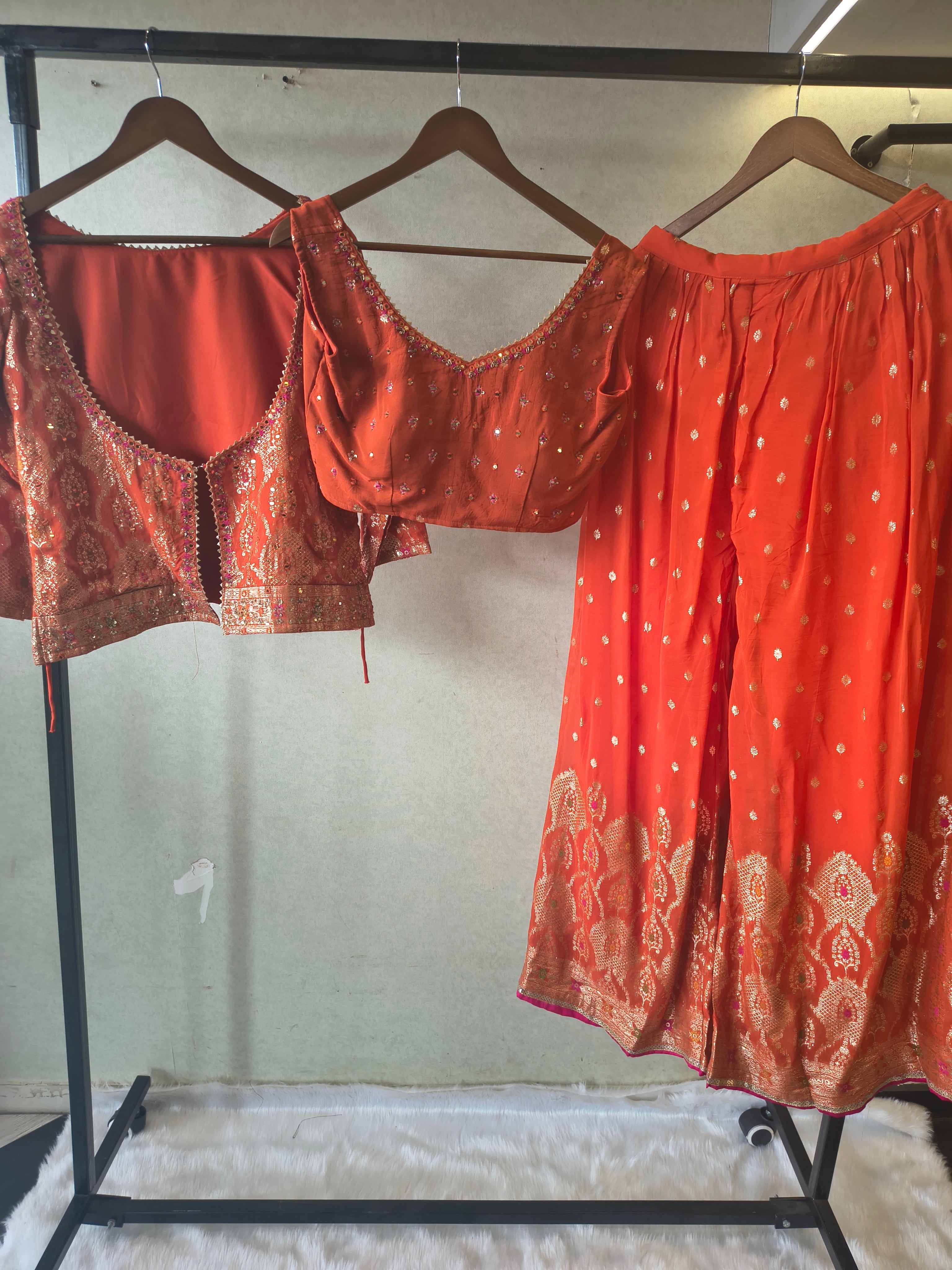Image of Rust Orange Banarasi Embroidered Lehenga Set with Handworked Blouse & Embellished Blouse – Designer 3 Piece Festive Ensemble