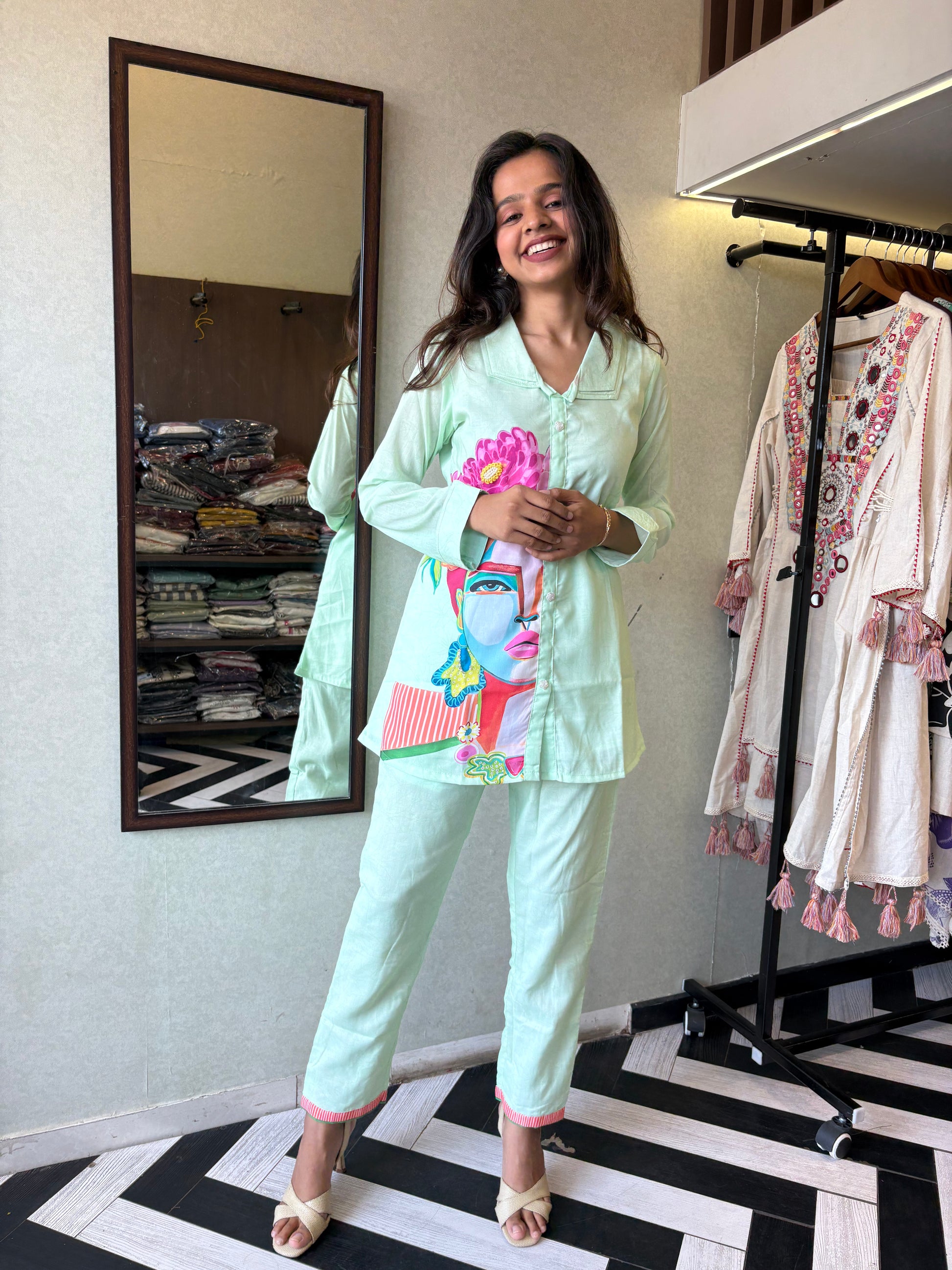 Pure cotton 2-piece coord set in soothing pista color - designed with elegant prints and made for all-day comfort.