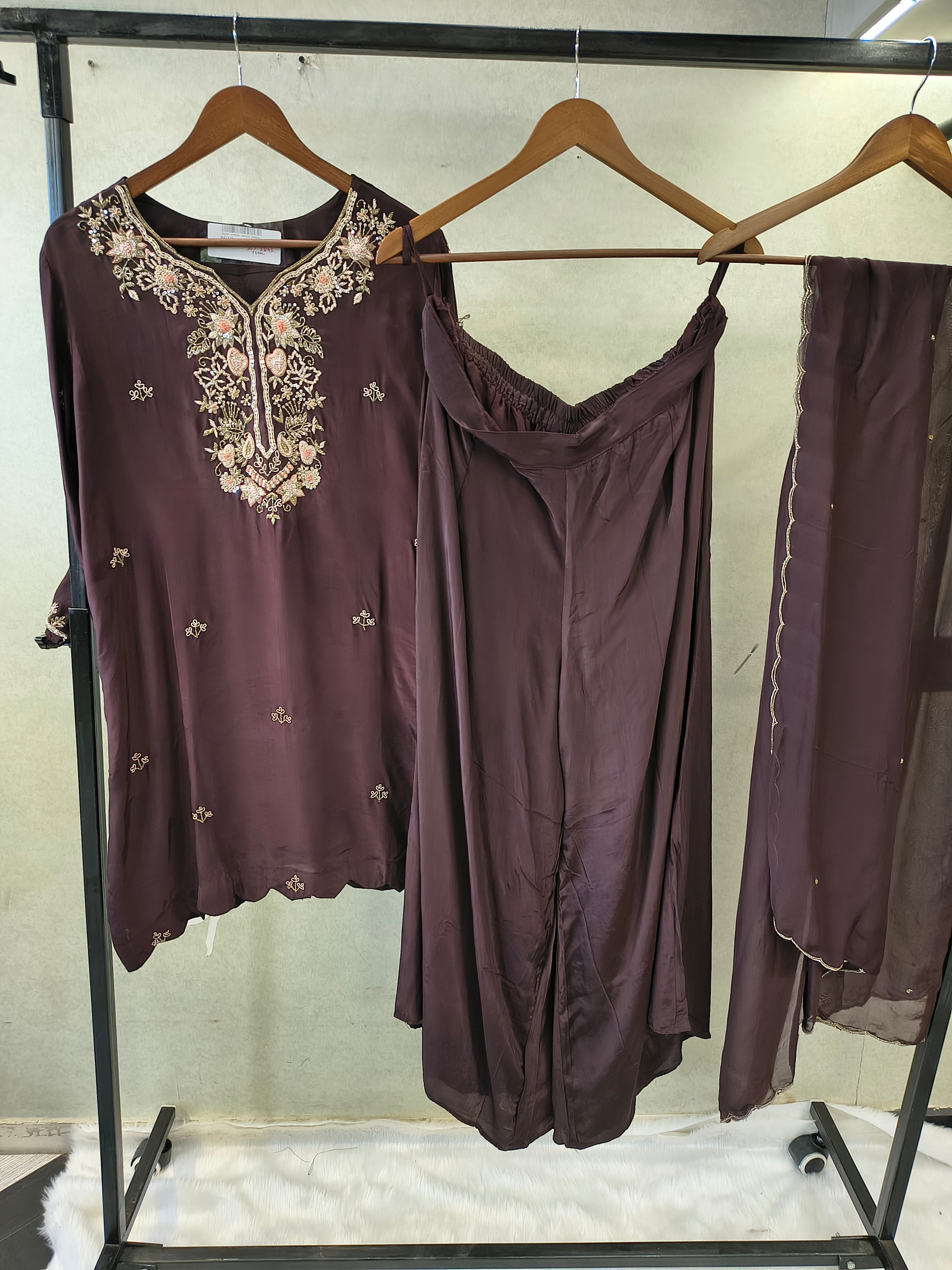 Image of Chocolate Brown Embroidered Straight Kurta Set with Wide Palazzo & Chiffon Dupatta | Premium 3 Piece Festive Ensemble