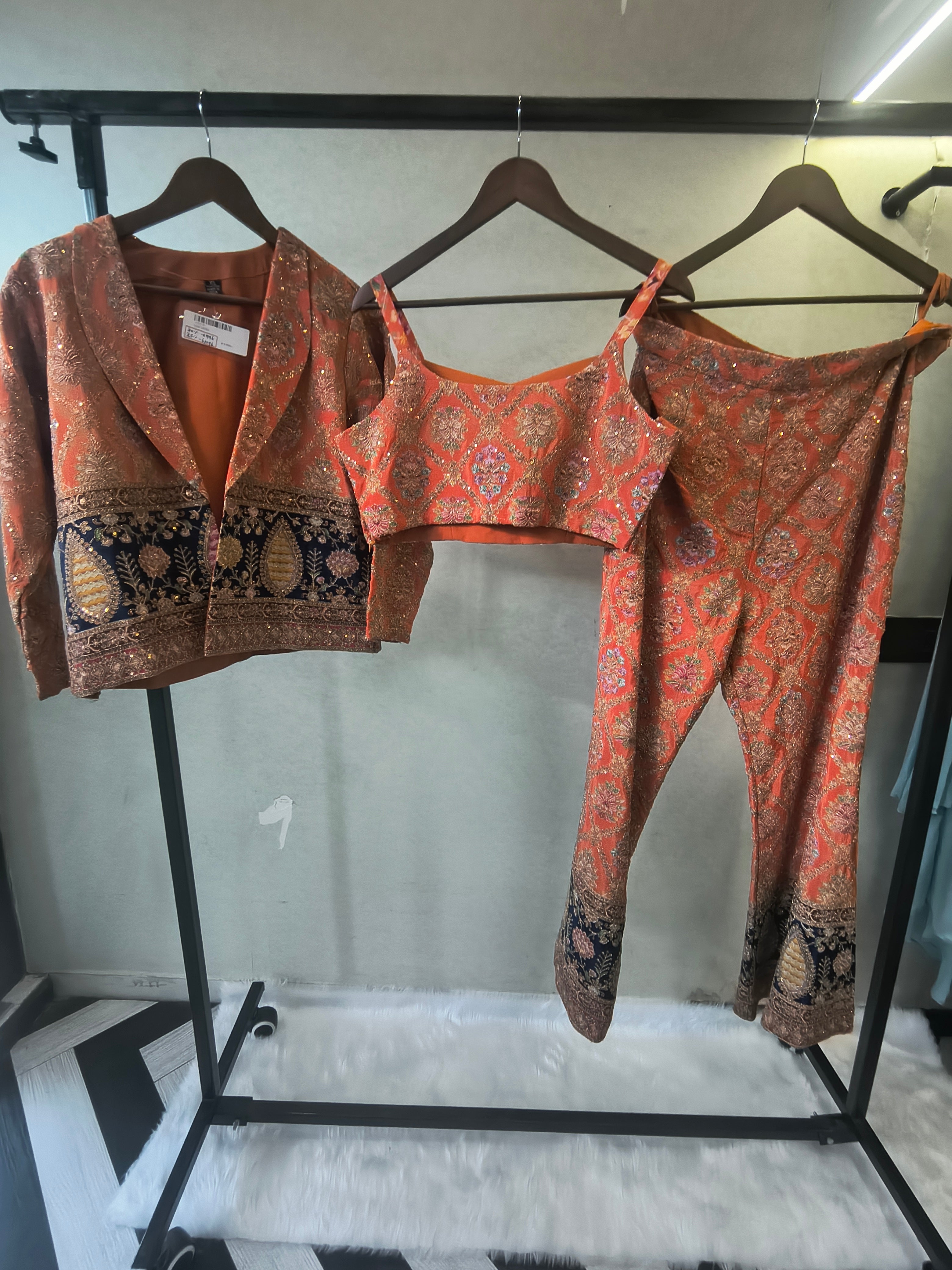 Image of Luxury Coral Brocade Bralette with Embroidered Jacket & Designer Brocade Pants – 3 Piece Indo-Western Co-Ord Set