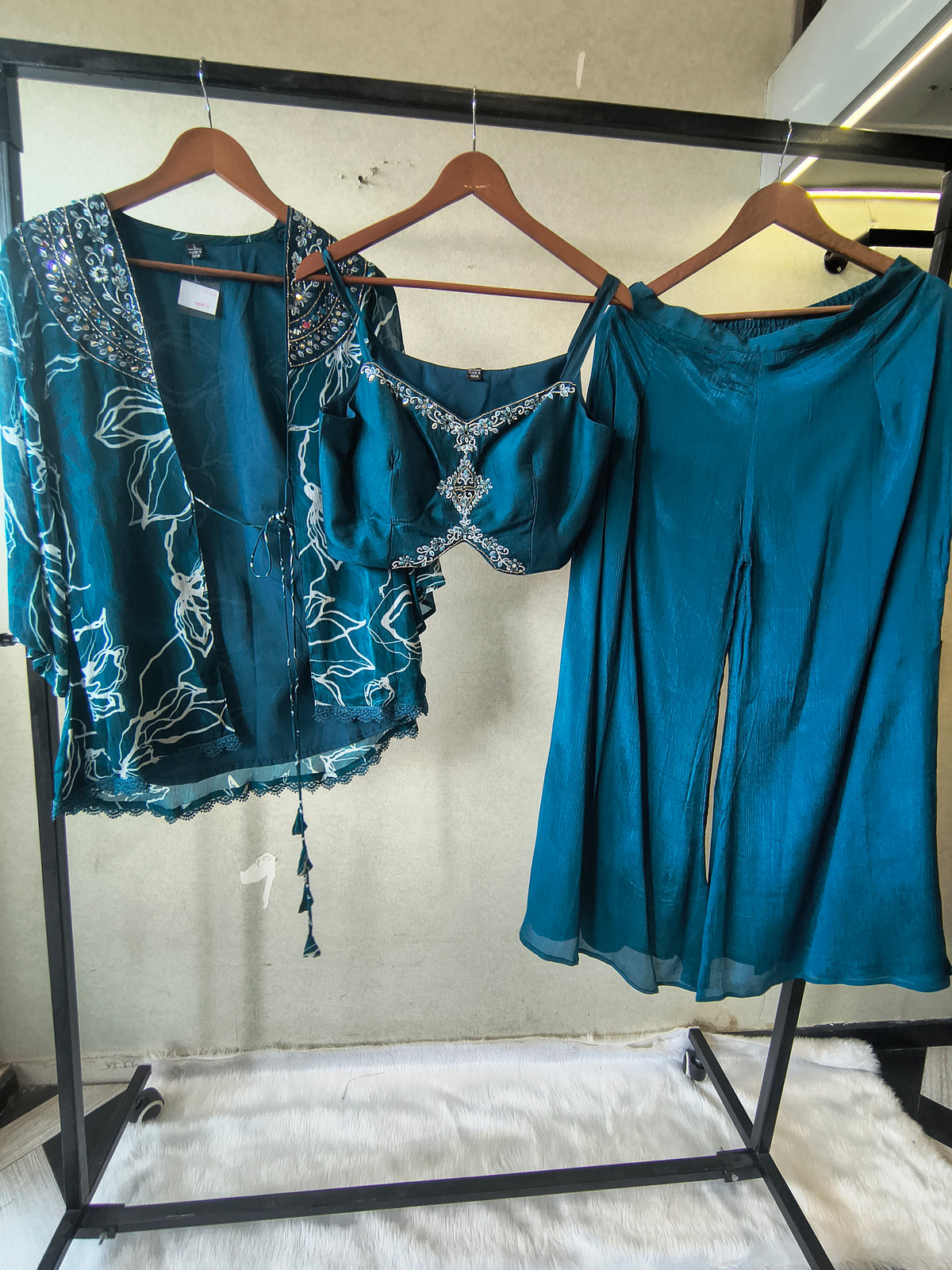 Teal Printed Shrug with Embroidered Designer Bralette & Flared Palazzo – 3 Piece Indo-Western Co-Ord Set