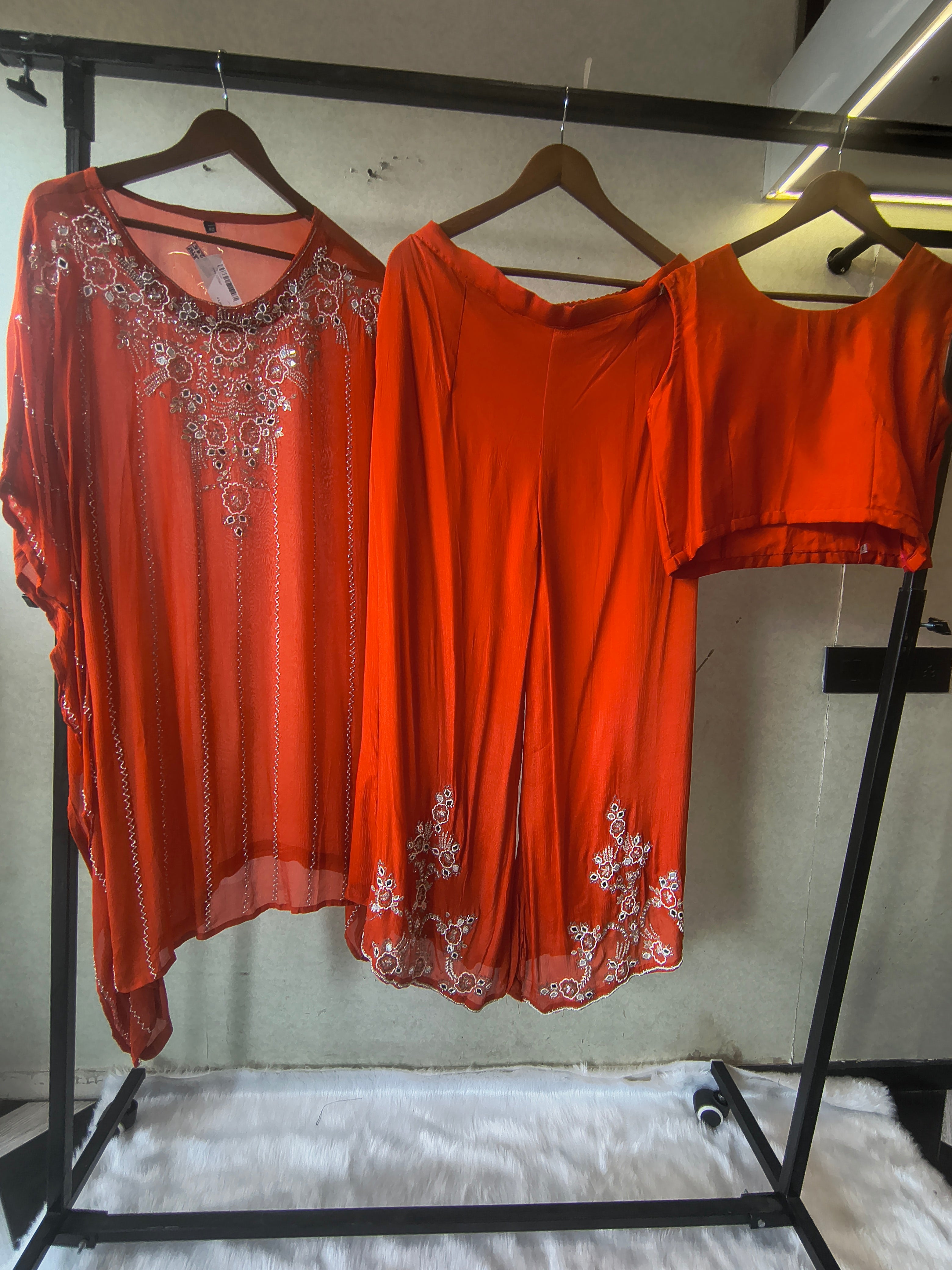 Image of Rust Orange Embroidered Kaftan Co-Ord Set with Palazzo & Blouse – Designer 3 Piece Indo-Western Fusion Wear