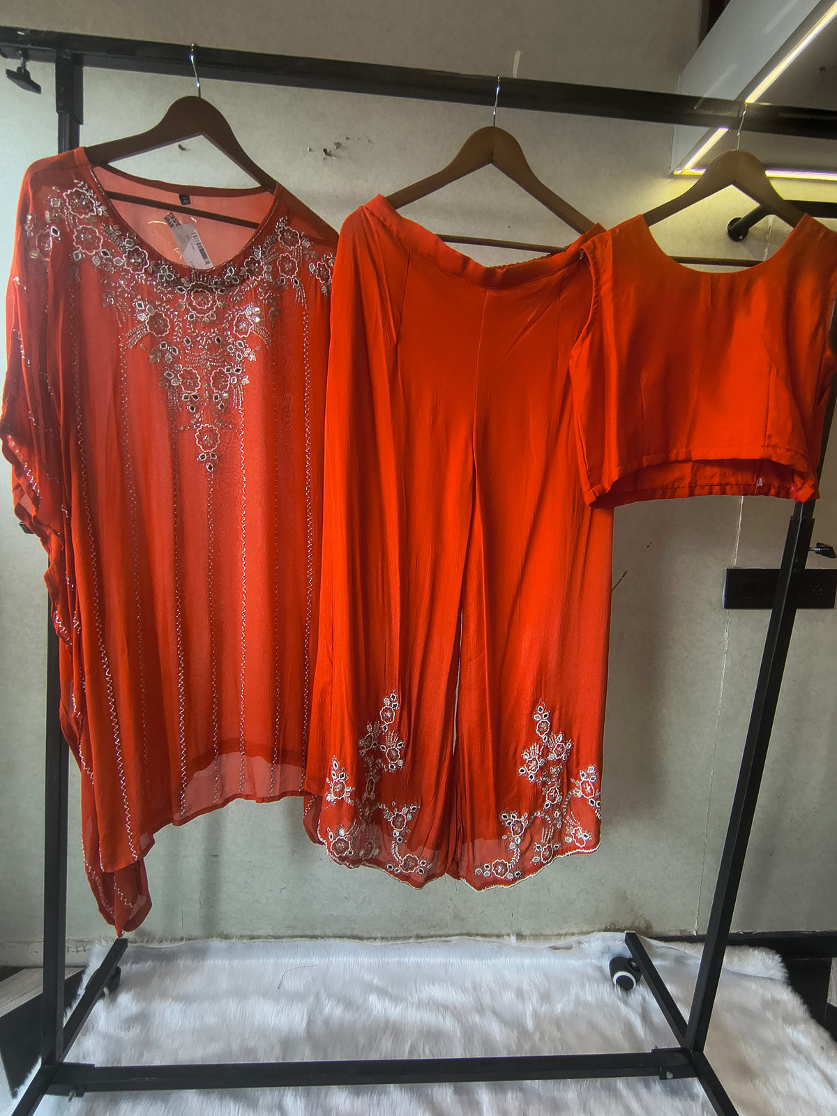 Rust Orange Embroidered Kaftan Co-Ord Set with Palazzo & Blouse – Designer 3 Piece Indo-Western Fusion Wear