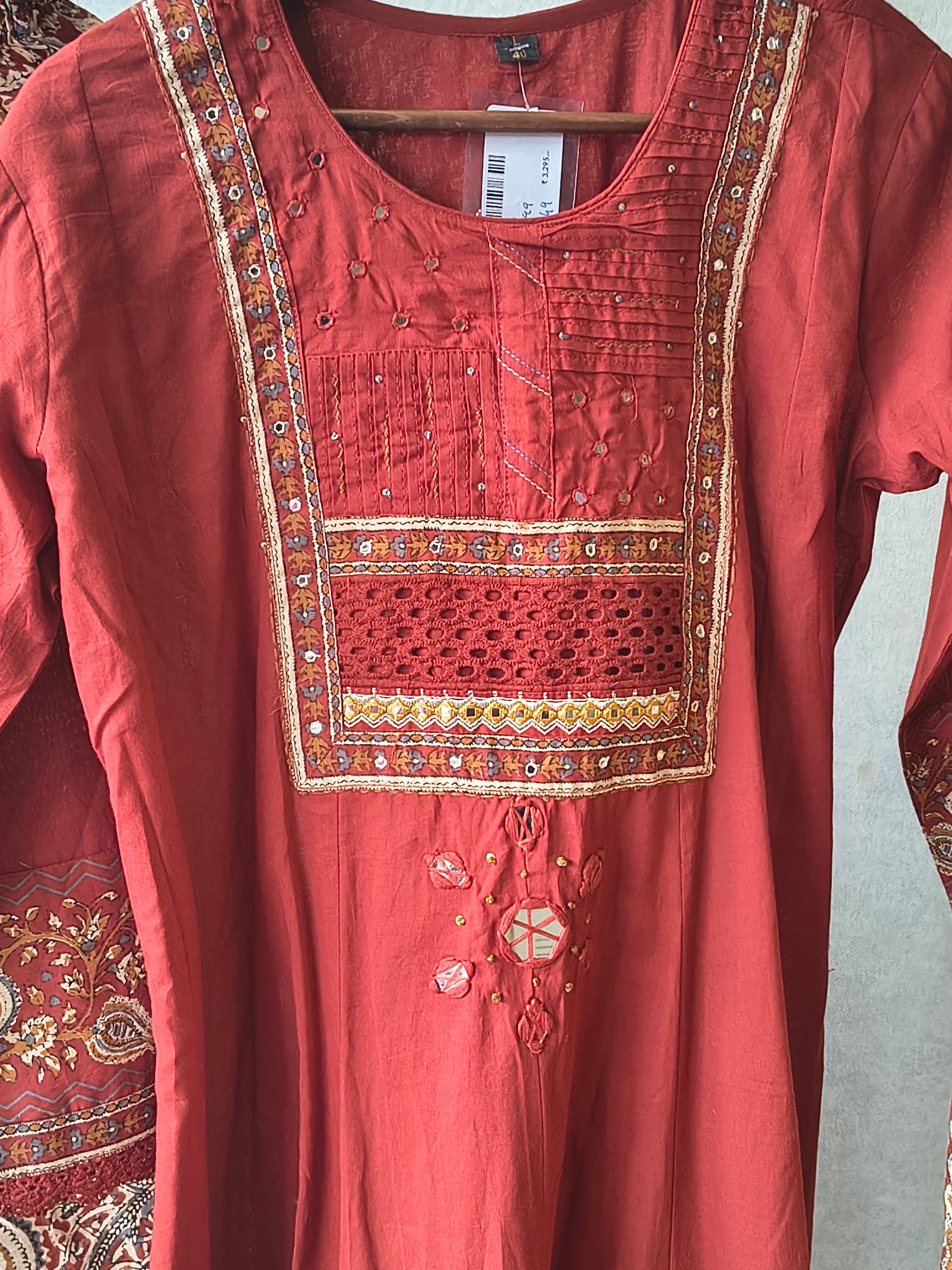 Image of Rust Red Embroidered Three-Piece Kurta Set with Printed Pant & Designer Dupatta