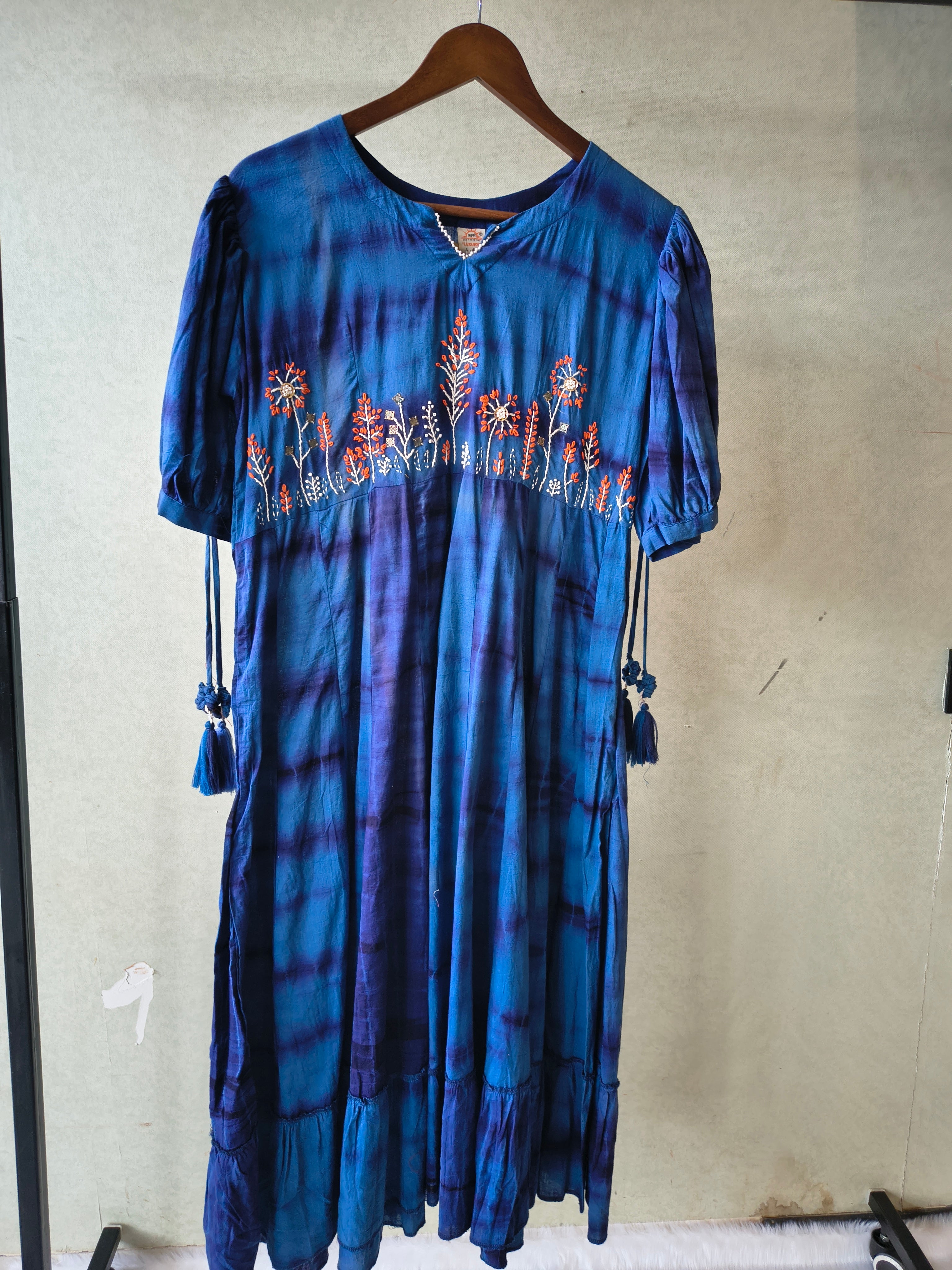 Image of Premium Indigo Tie-Dye Embroidered Cotton Flared Dress