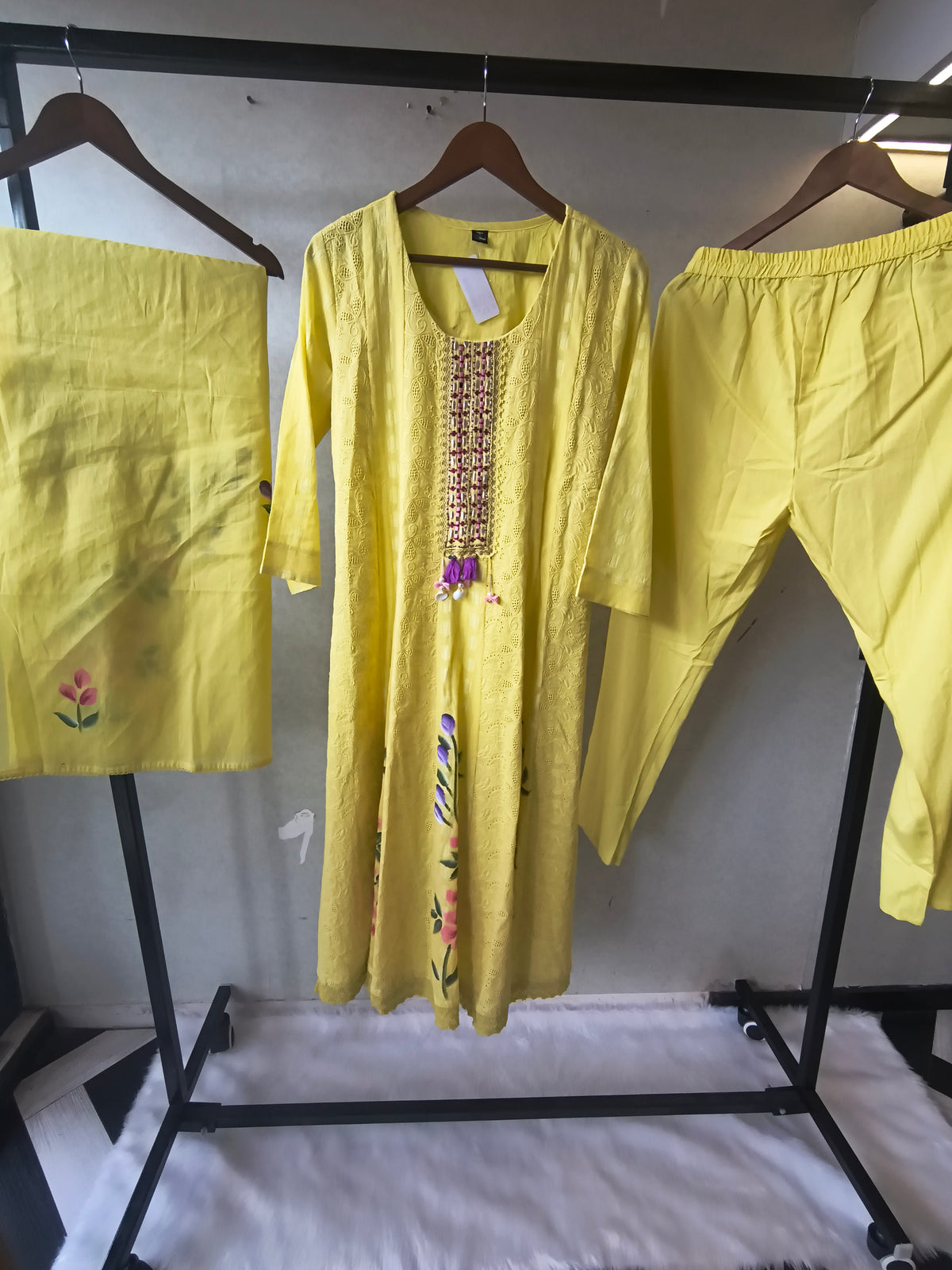 Premium Sunshine Yellow Schiffli Embroidered Kurta Set with Floral Handwork & Dupatta