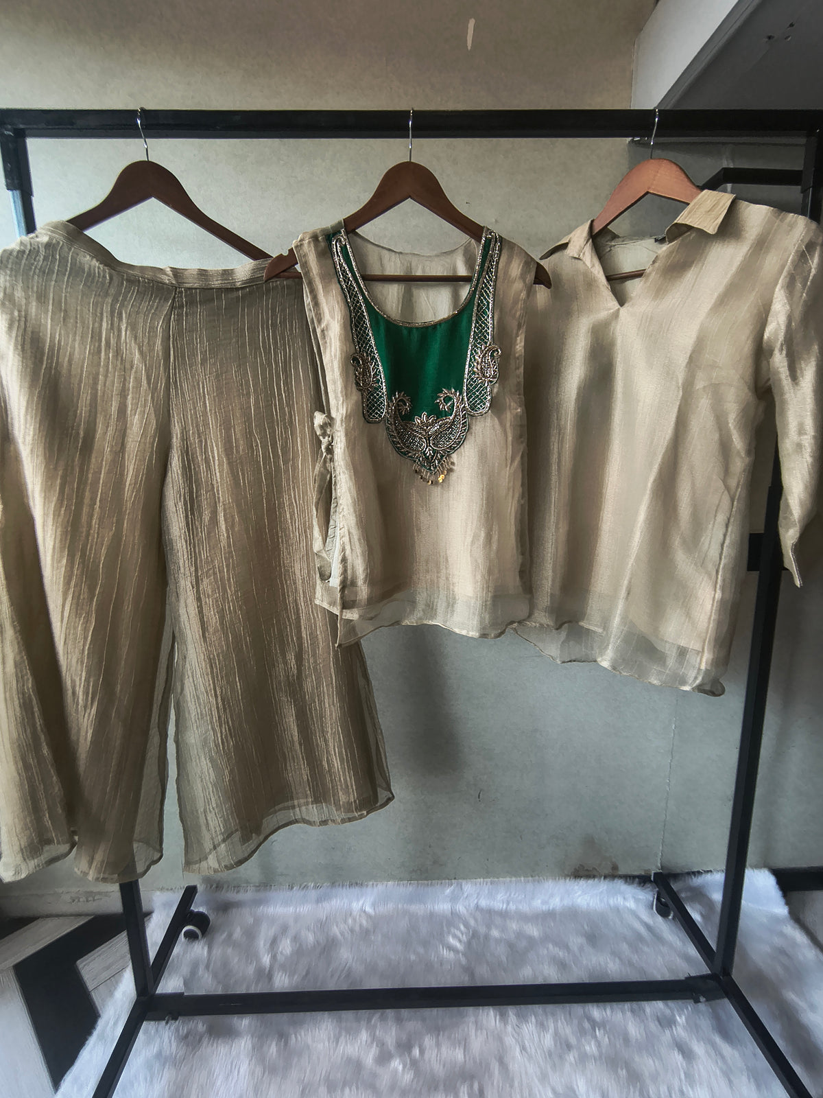 Premium Champagne Gold Tissue Silk 3-Piece Co-Ord Set with Emerald Hand Embellished Jacket, Inner & Palazzo