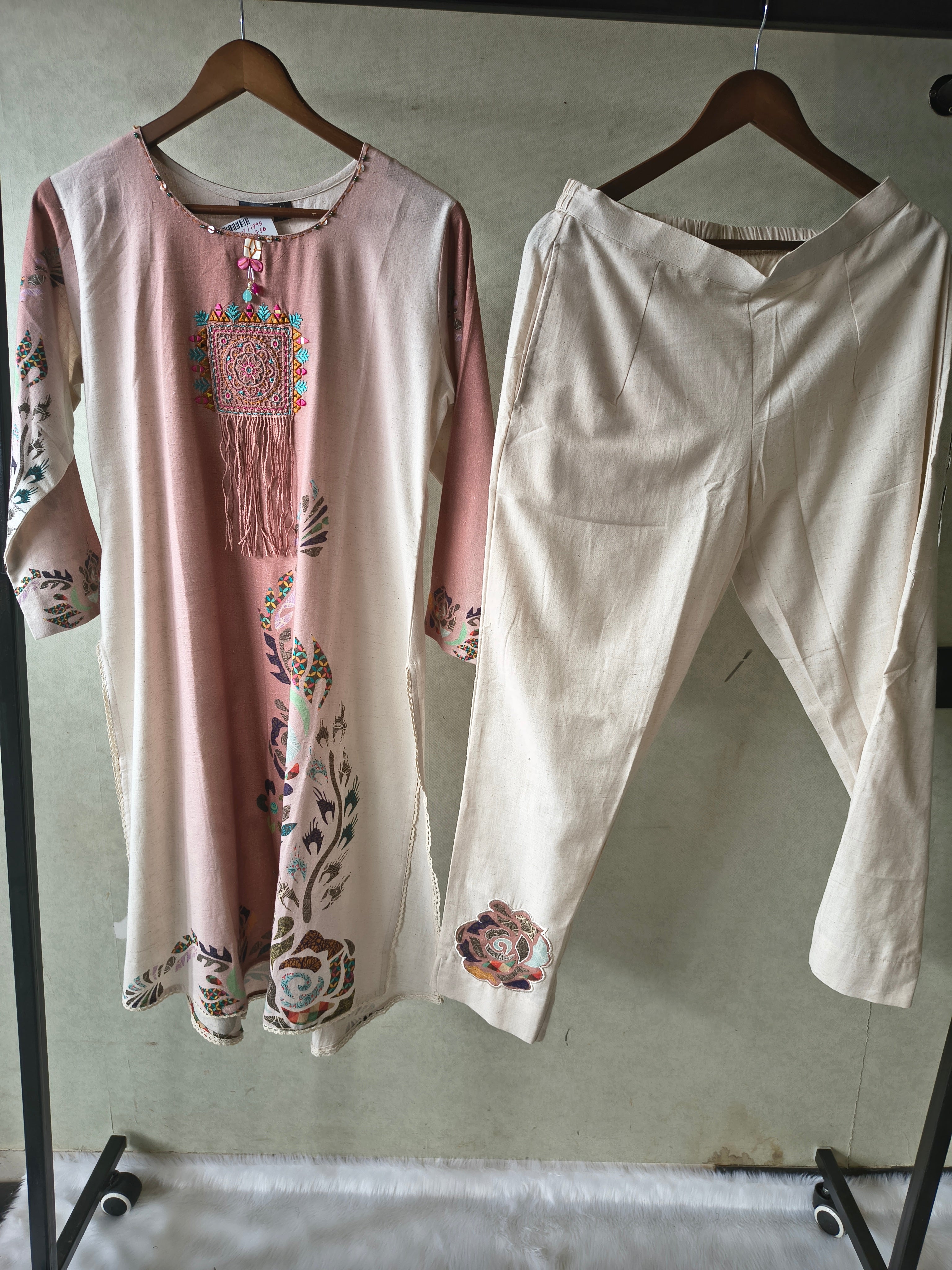 Image of Premium Blush Pink Linen Blend Kurta Set with Handcrafted Embroidered Tassel Patch & Embroidered Pants