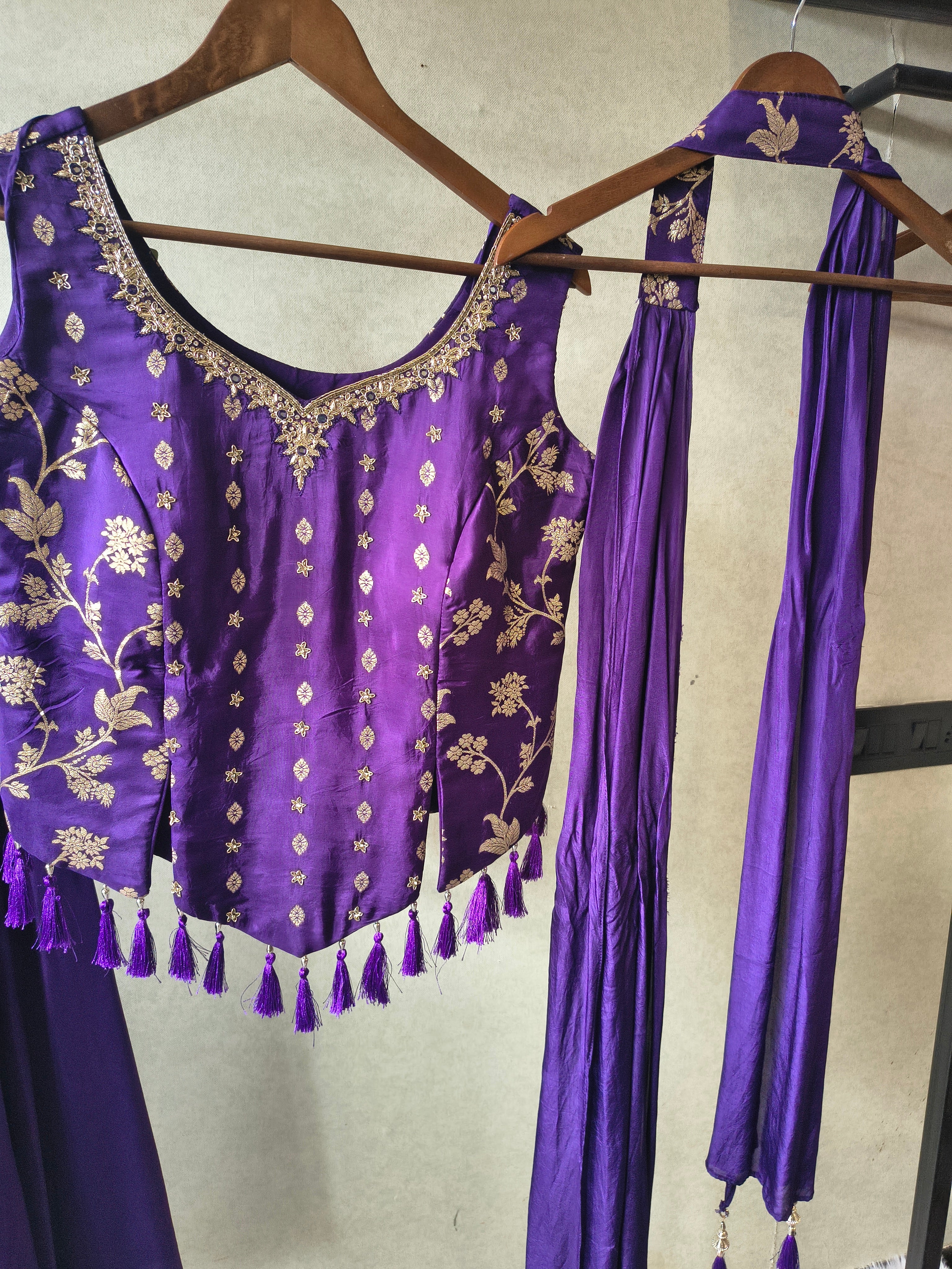 Image of Premium Royal Purple 3-Piece Designer Lehenga Set with Zari Embroidered Peplum Blouse & Dupatta