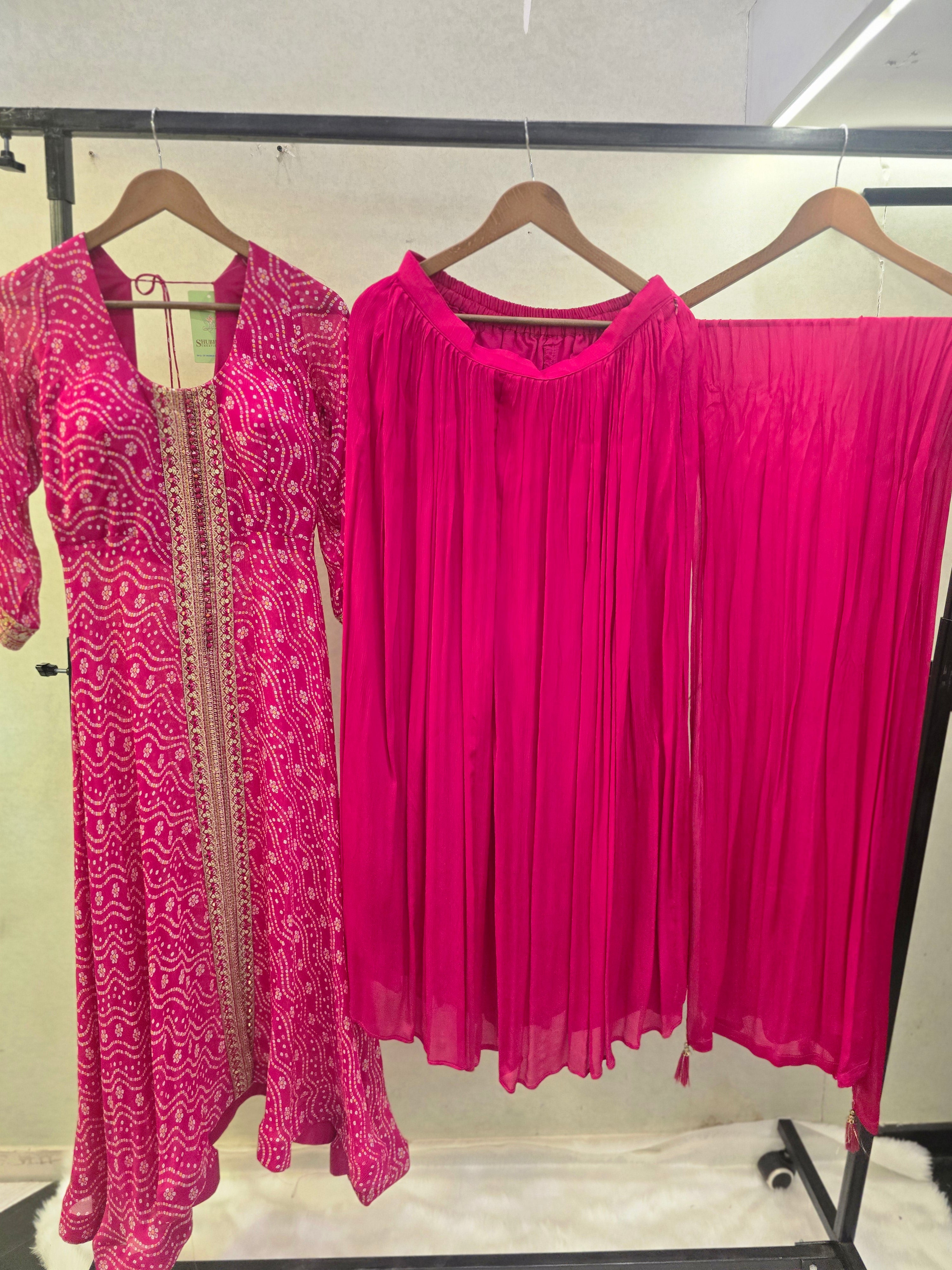 Image of Rani Pink Bandhani Print Anarkali Kurta Set with Flared Palazzo & Chiffon Dupatta | Premium 3 Piece Ethnic Suit